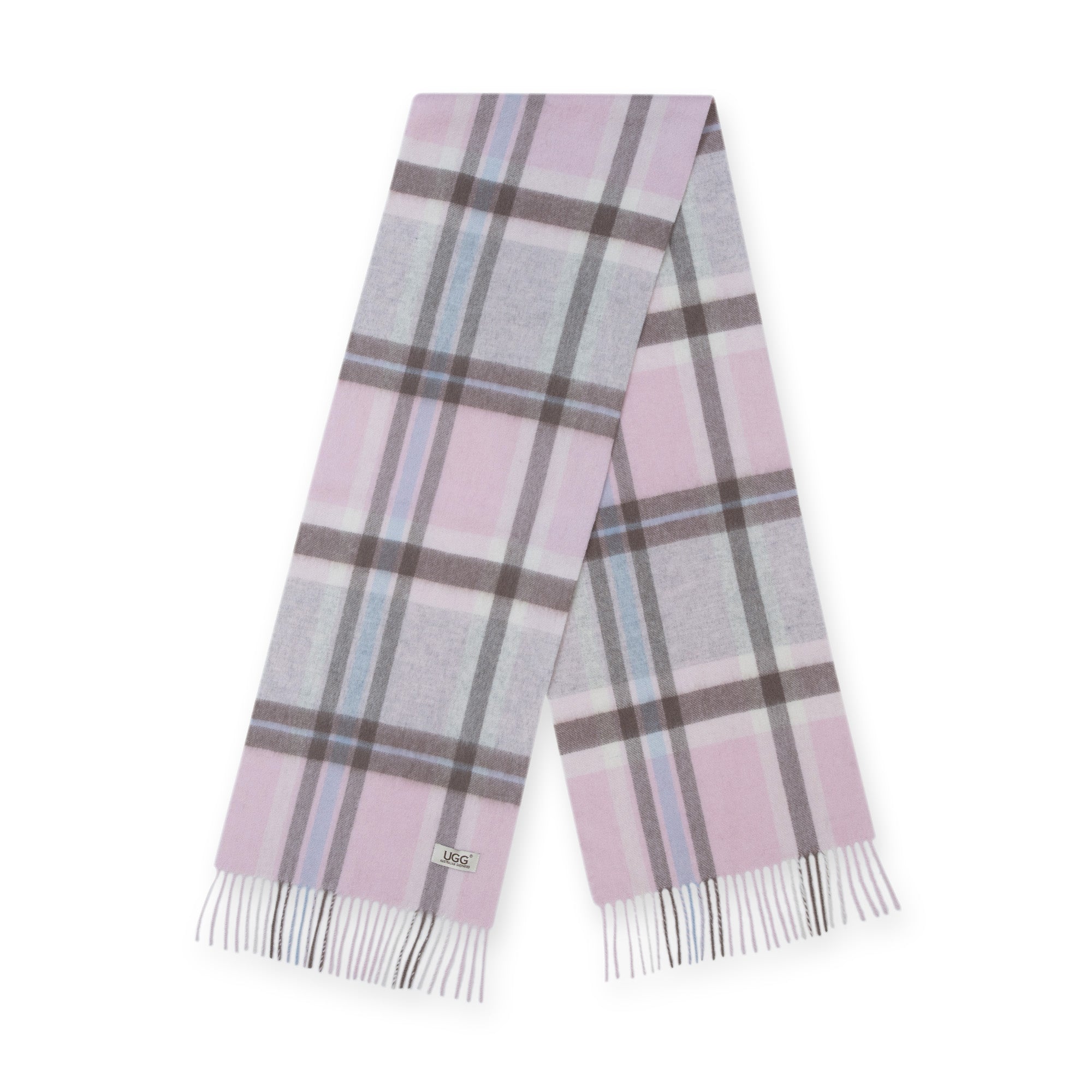 Australian Merino Wool Check Scarf by EverUgg in grey and pink, featuring a cozy, stylish check pattern.