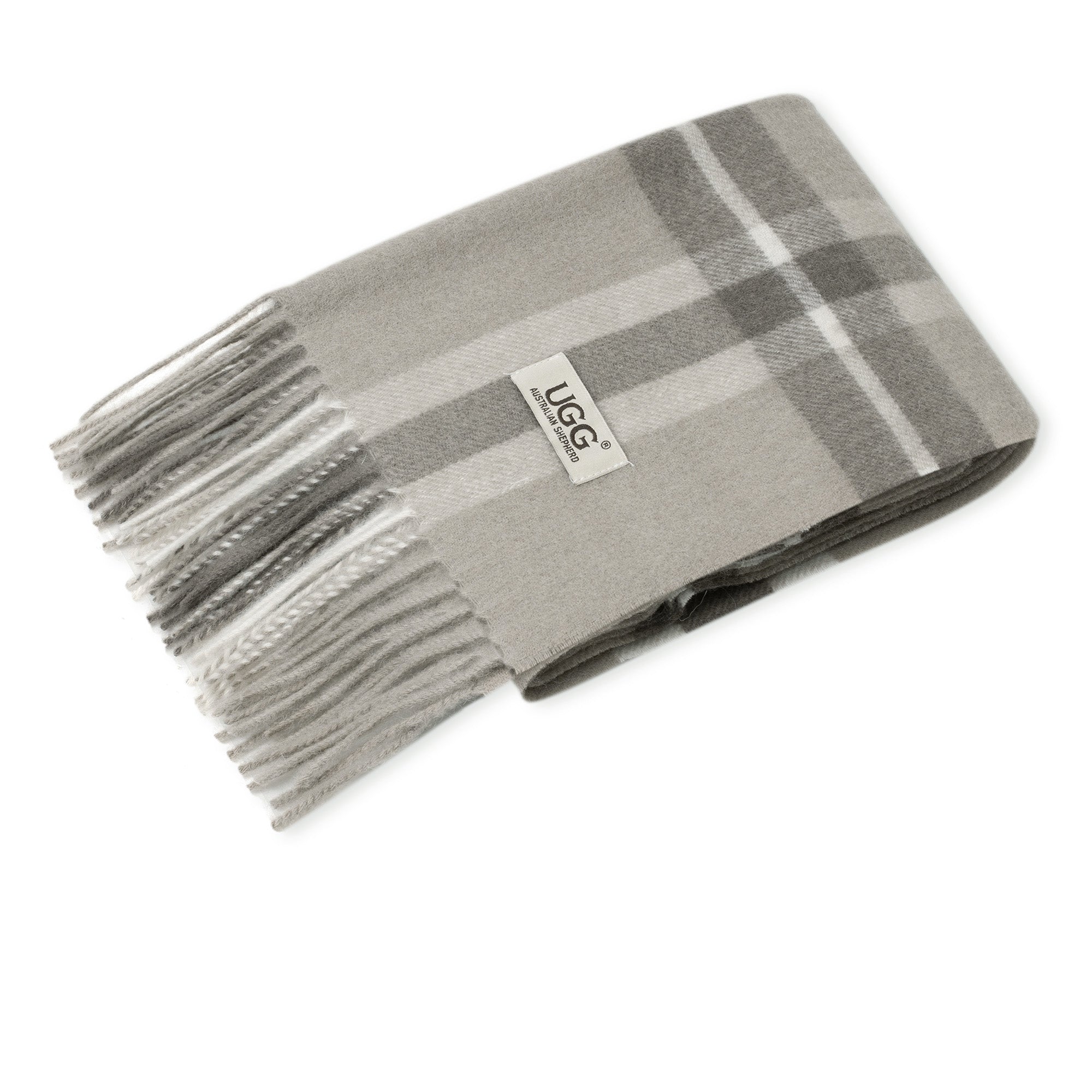 Australian Merino Wool Check Scarf by EverUgg in khaki with a classic check pattern, showcasing soft, warm wool fabric.