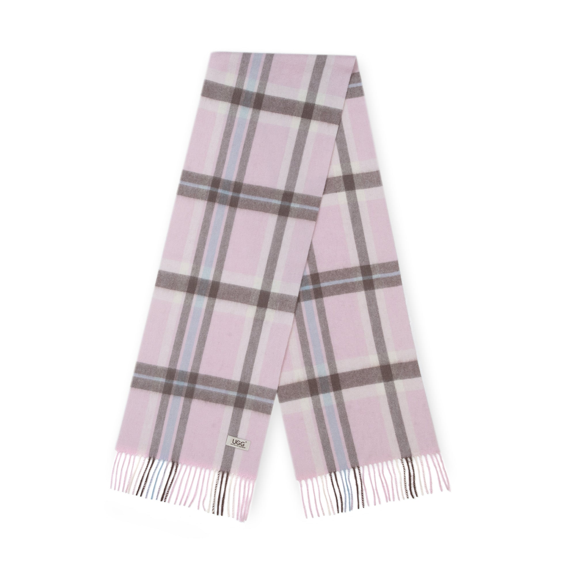Light pink Australian Merino wool check scarf from EverUgg, featuring a soft, cozy wool fabric with a classic check pattern.