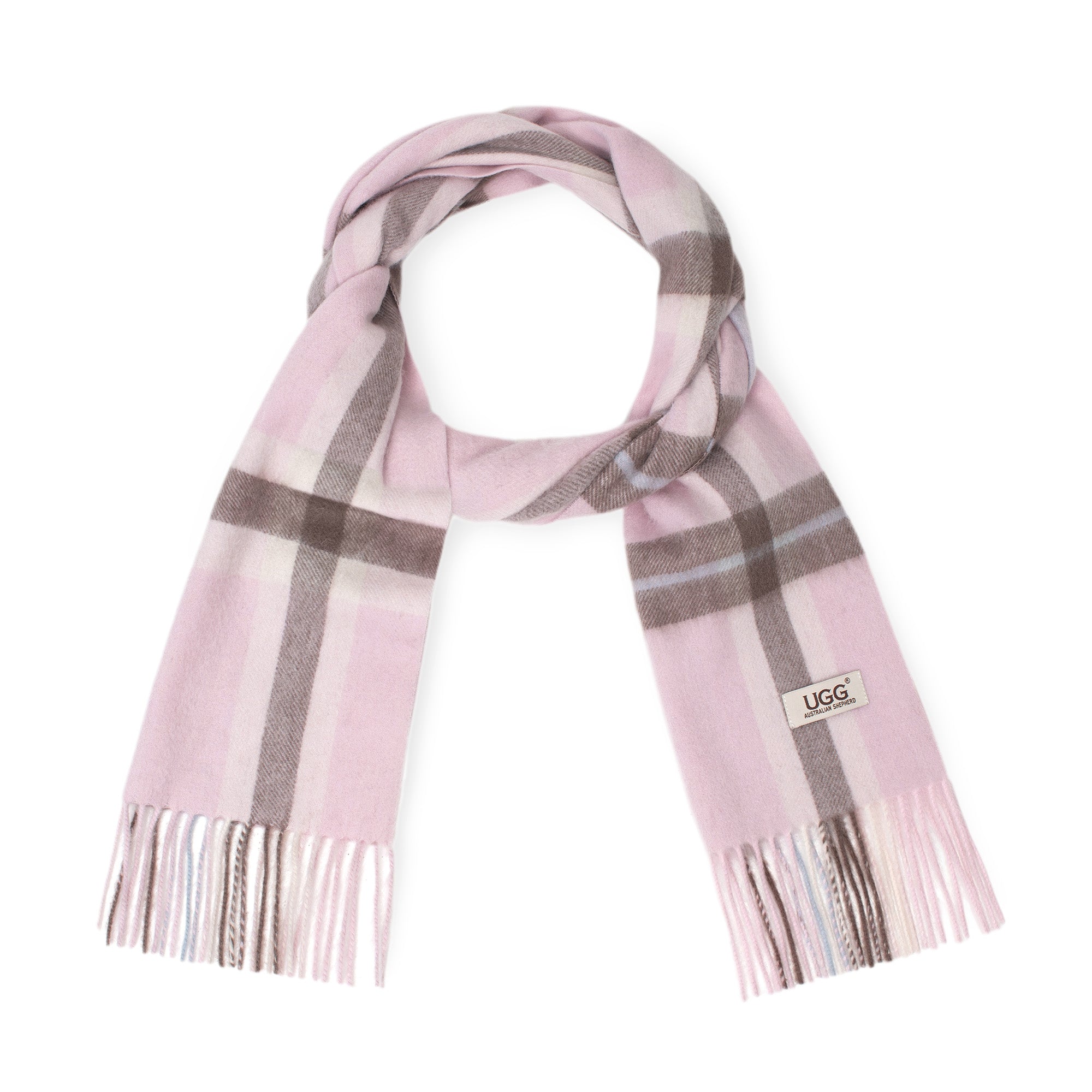 Light pink Australian Merino Wool Check Scarf from EverUgg, soft and cozy with a classic plaid pattern.