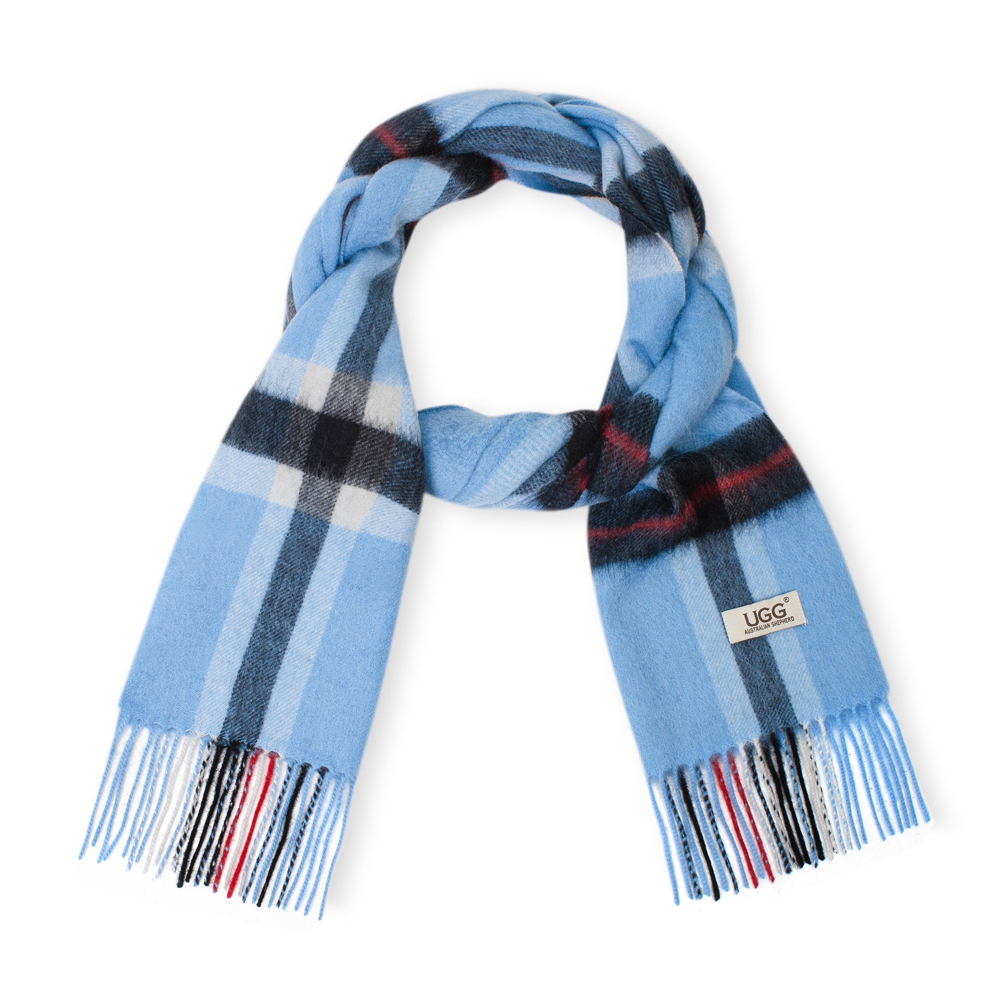Light blue Australian Merino wool check scarf by EverUgg, showcasing soft, cozy wool fabric and stylish plaid pattern.