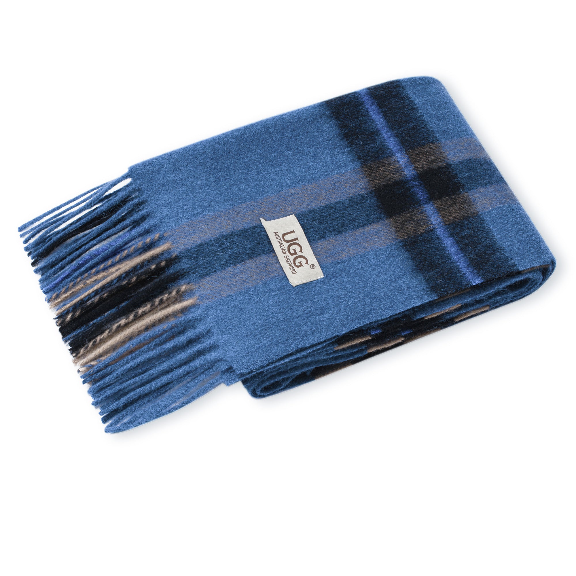 Australian Merino Wool Check Scarf by EverUgg in indigo and camel colors, showing a cozy, patterned wool scarf laid flat.