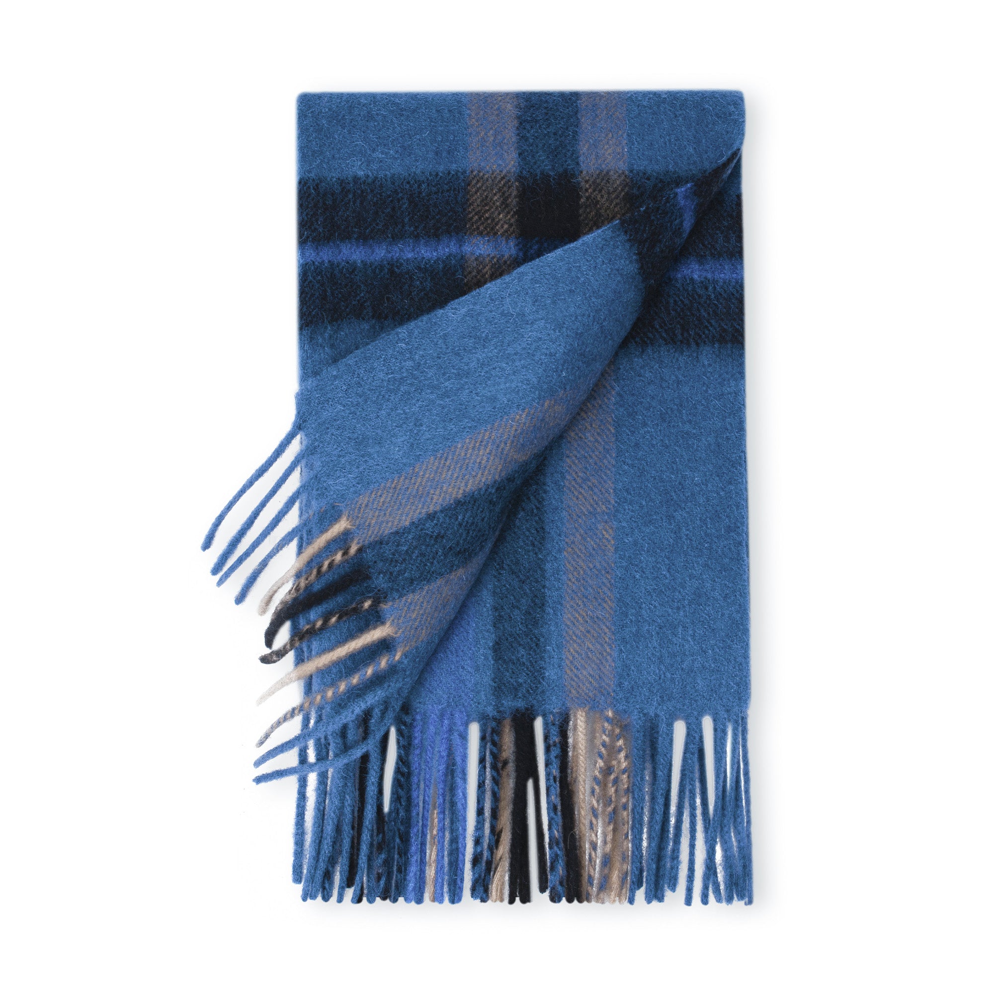 Australian Merino Wool check scarf by EverUgg in indigo and camel colors, featuring a cozy, stylish plaid pattern.