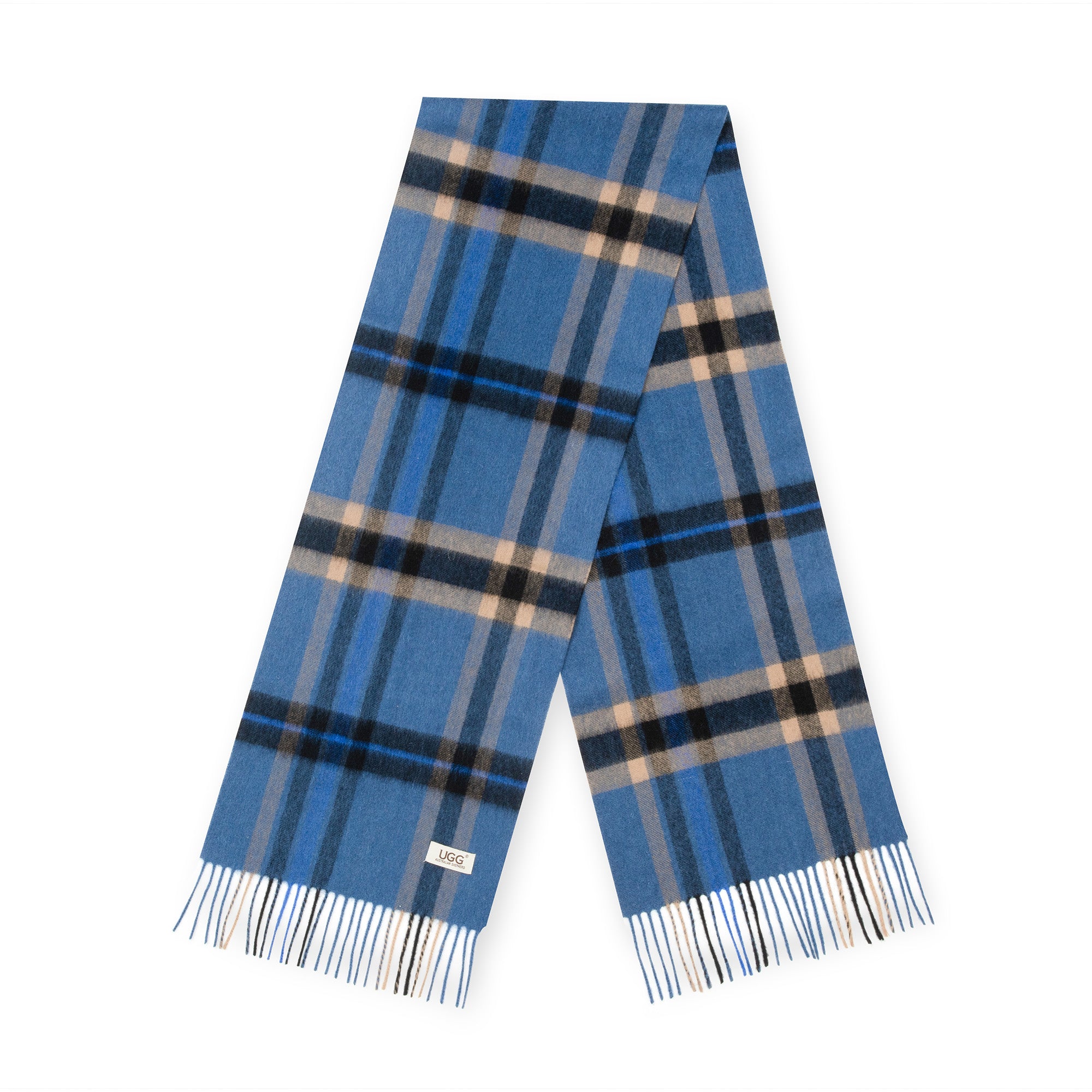 Australian Merino Wool check scarf by EverUgg in indigo and camel colors, showcasing soft wool fabric and classic pattern.
