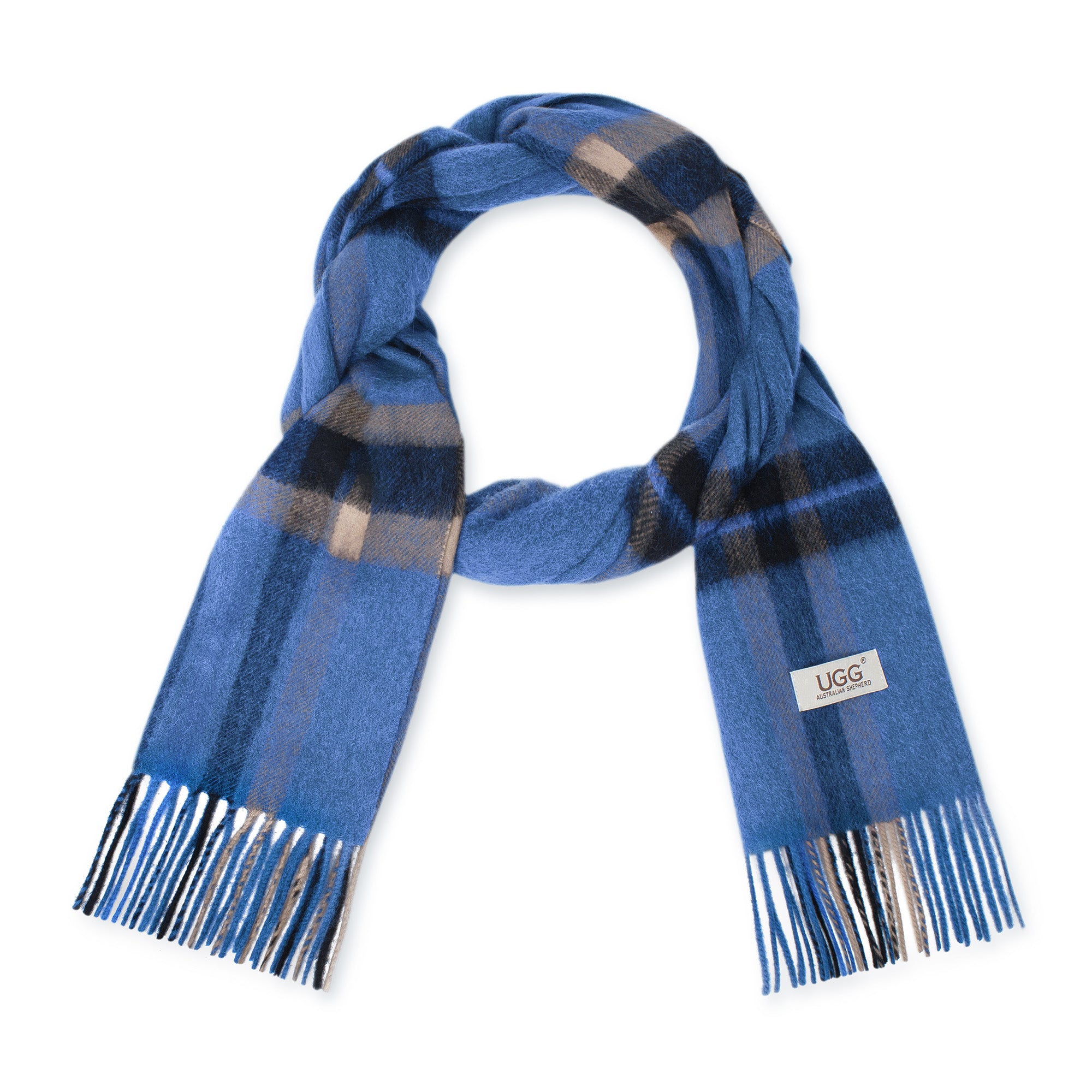 Australian Merino Wool check scarf by EverUgg in indigo and camel colors, showcasing soft, woven fabric with a plaid pattern.