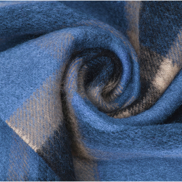Australian Merino Wool check scarf by EverUgg featuring a stylish indigo and camel pattern, soft and warm for cold weather.