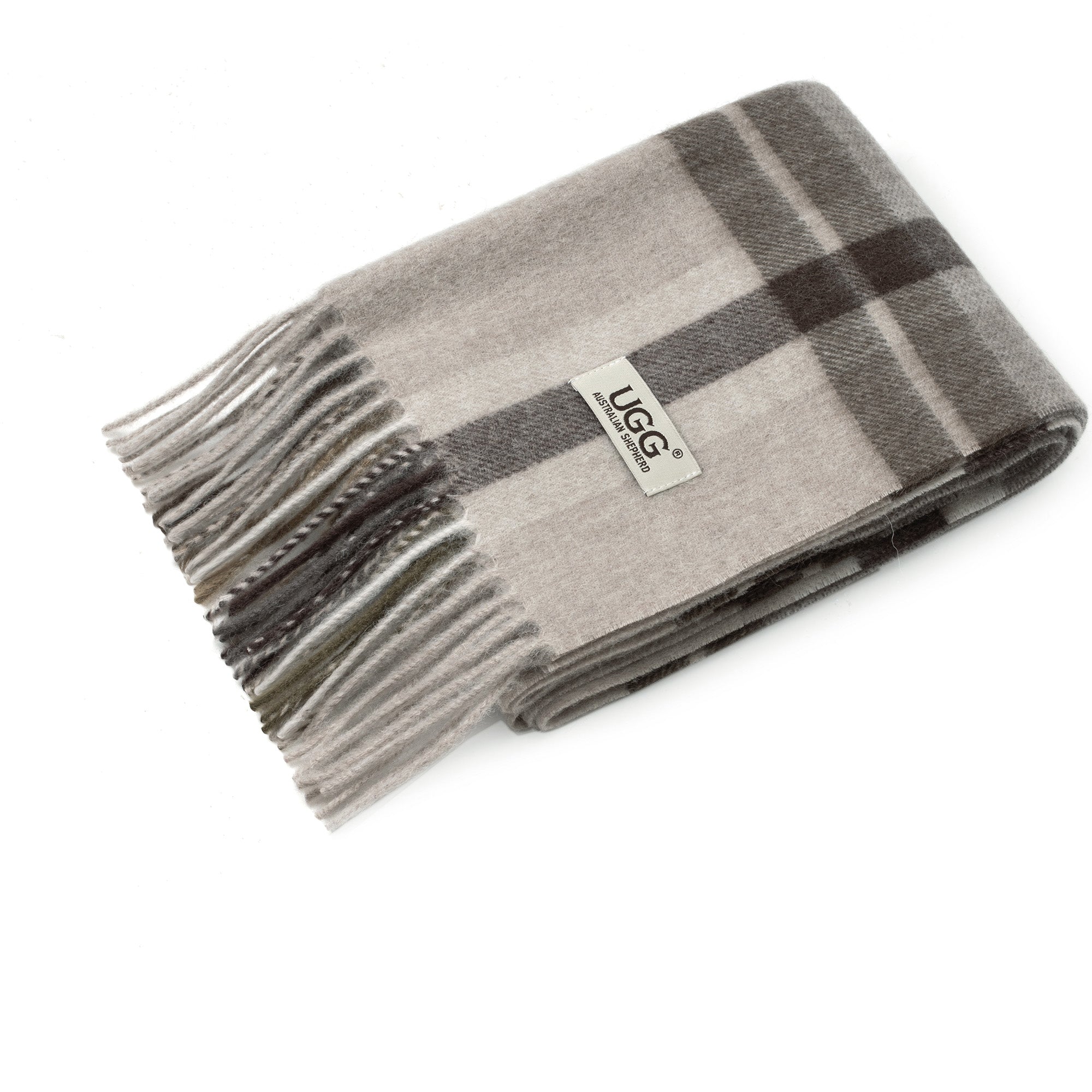 Beige Australian Merino Wool Check Scarf by EverUgg, soft and cozy with classic plaid pattern, perfect for stylish winter accessories.
