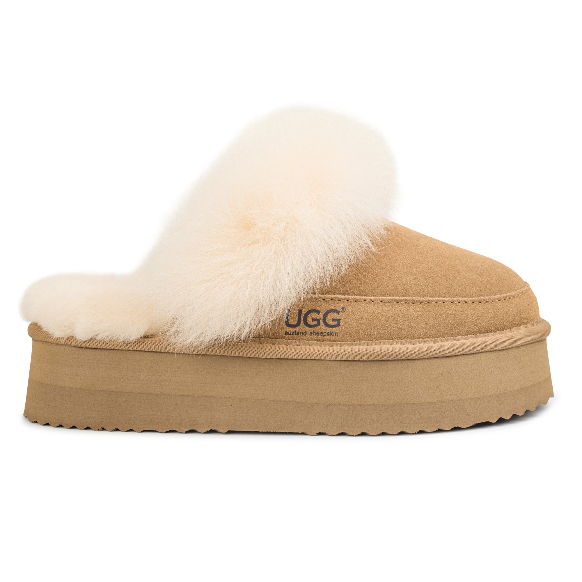 Auzland UGG Classic Platform Scuff Slippers featuring a cozy, plush interior and durable rubber sole in a neutral color.