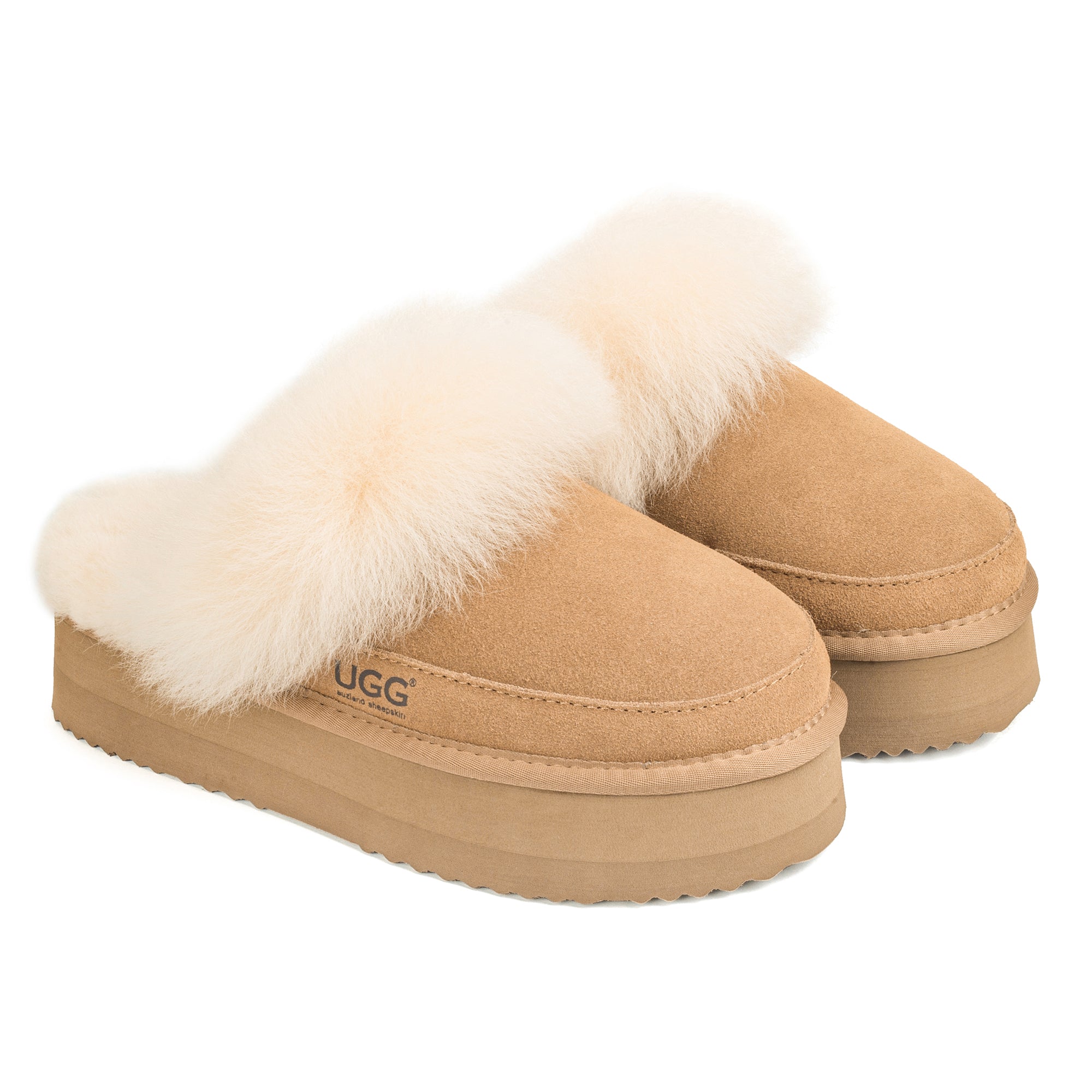 Auzland classic platform UGG slippers with soft scuff design and cozy slip-on style, shown on a neutral background.