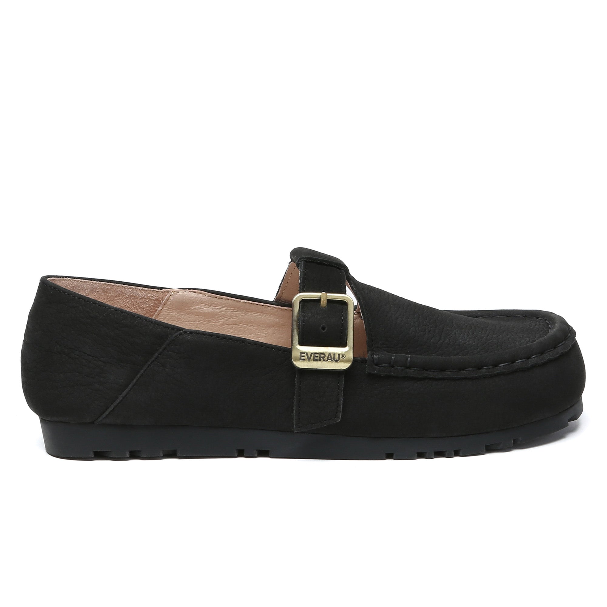 EverUgg Buckle Leather Mary Jane flats, stylish slippers with buckle detail and comfortable leather straps for everyday wear.