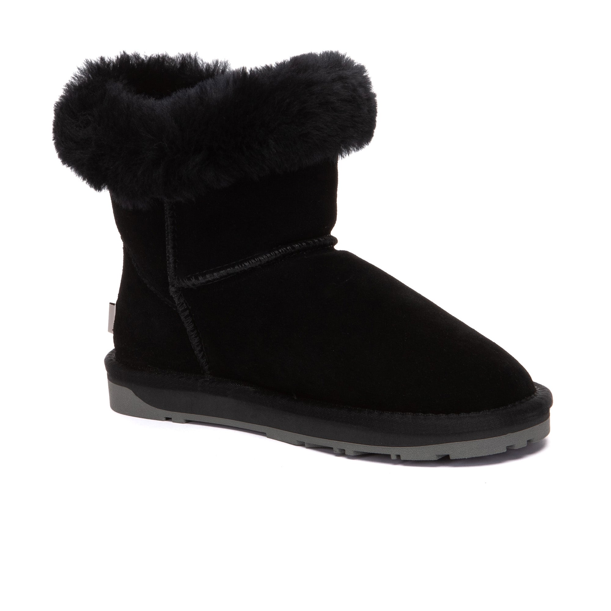 EverUgg Tiara Shark Mini Button UGG Boots in beige with decorative buttons and plush lining, shown on a neutral background.