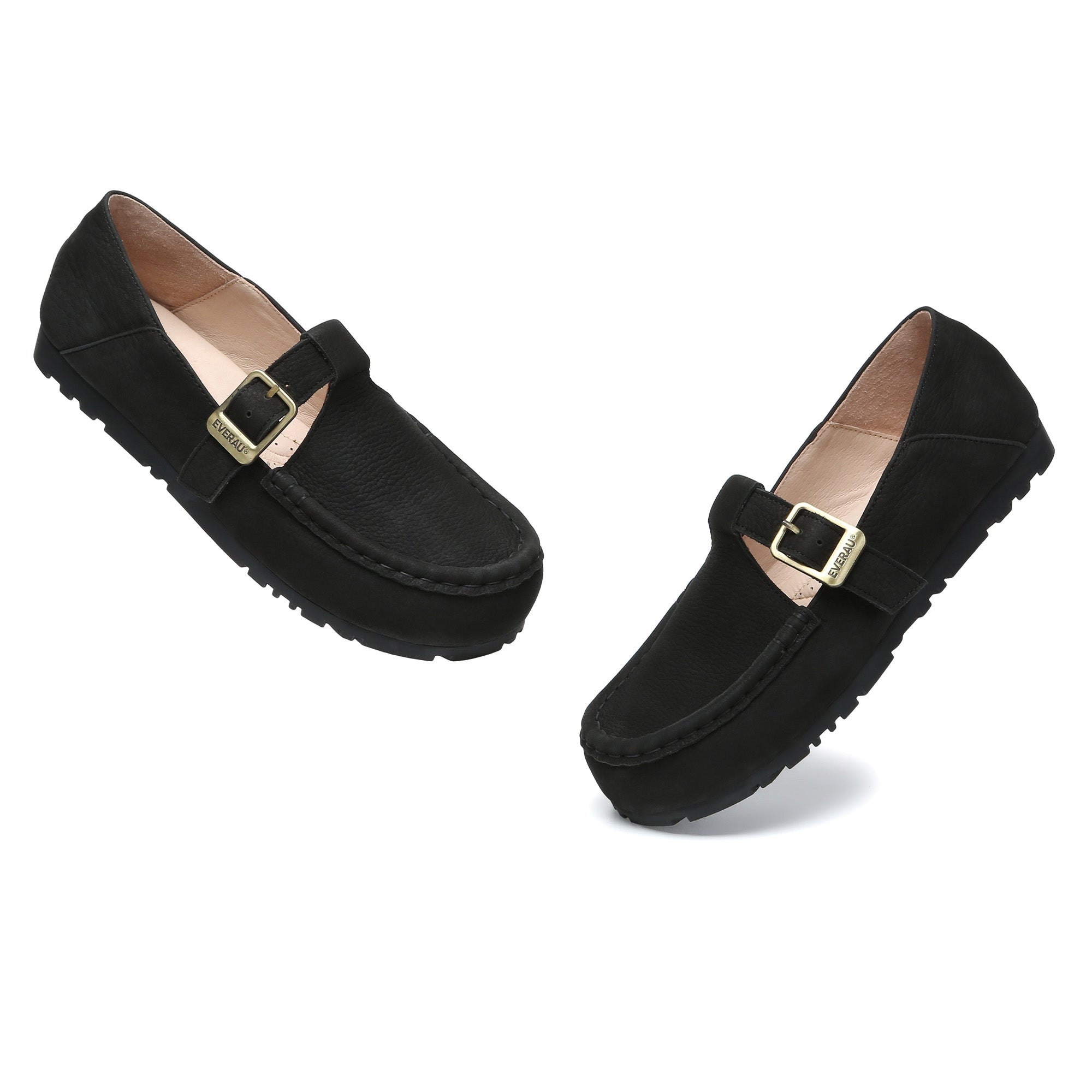 EverUgg Buckle Leather Mary Jane flats, stylish slippers with a buckle detail and smooth leather finish.