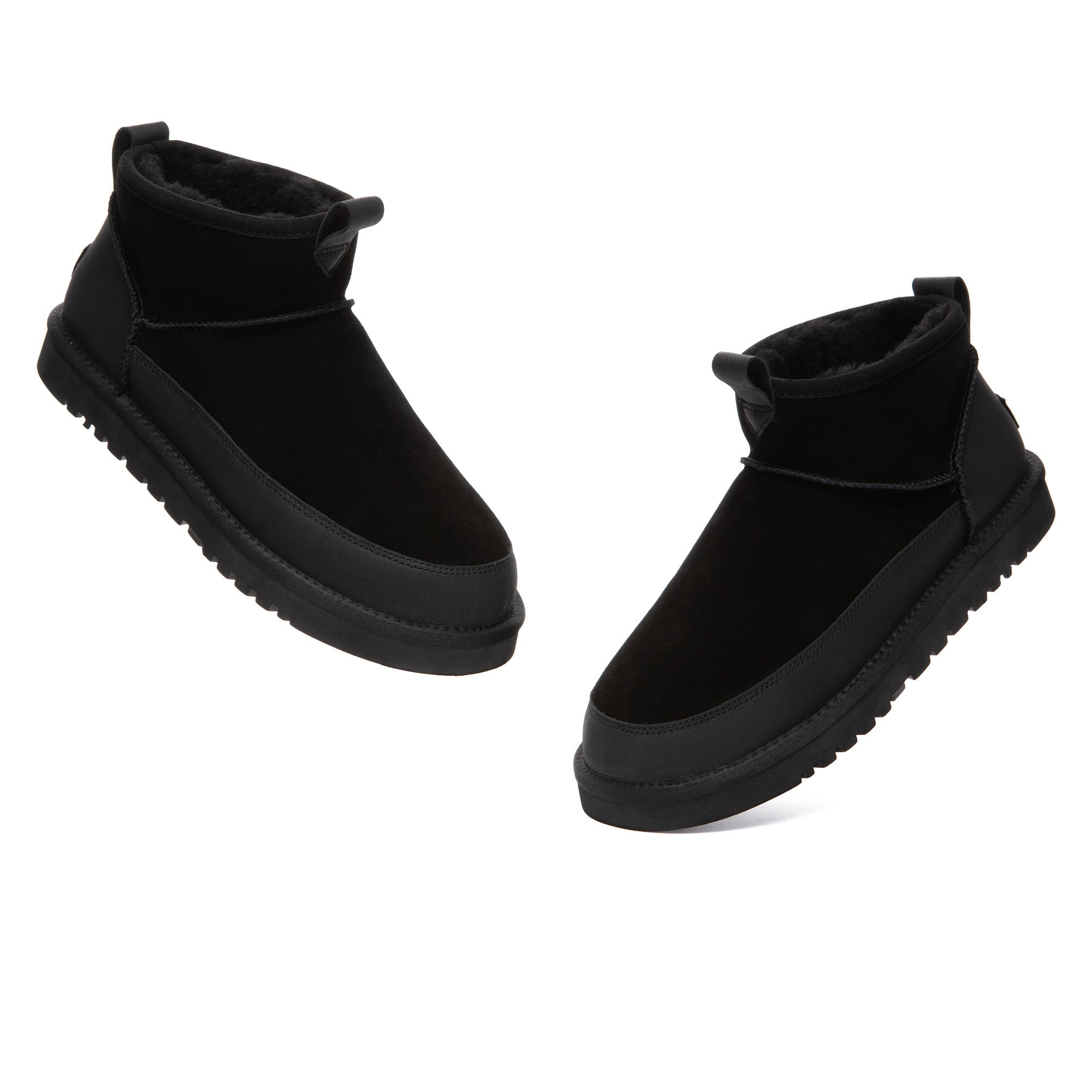 EverUgg Tabs Ultra Mini Ankle UGG Boots in black featuring a sleek design and snug fit, perfect for casual winter wear.