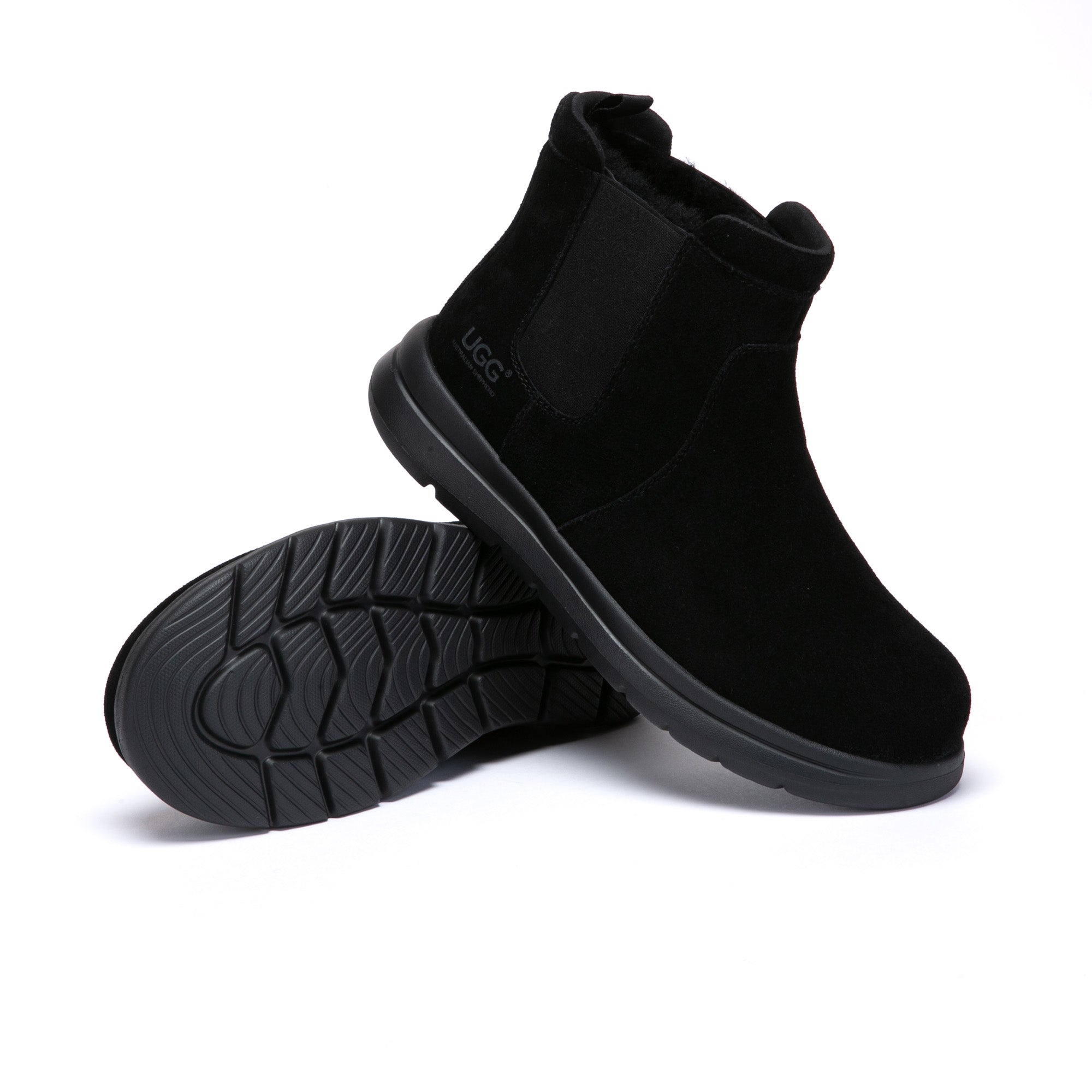 EverUgg Ruvio Men Chelsea UGG Boots showing sleek black leather design with elastic side panels and sturdy sole.
