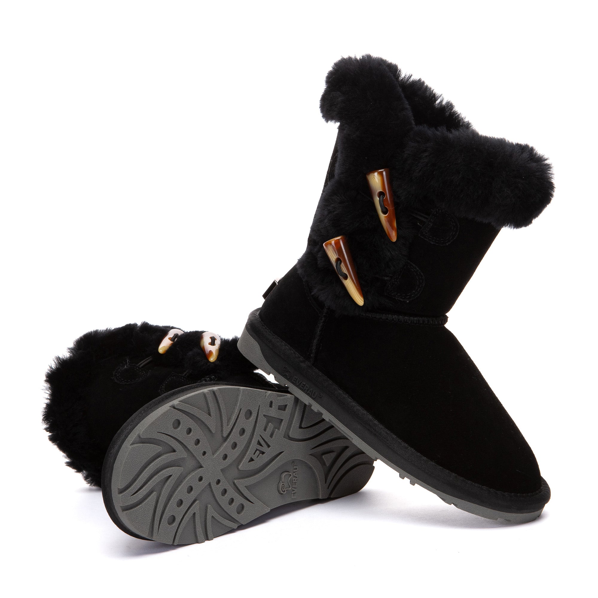 EverUgg Talia Shark 2-Button UGG Boots in beige with shark detail and button accents, cozy winter footwear for women.