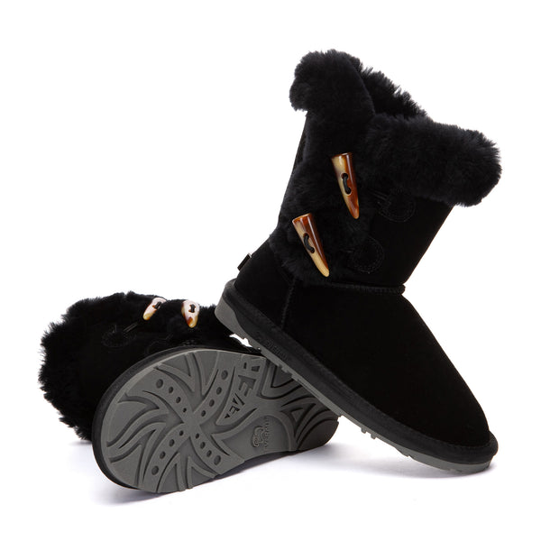 EverUgg Talia Shark 2-Button UGG Boots in beige with shark detail and button accents, cozy winter footwear for women.