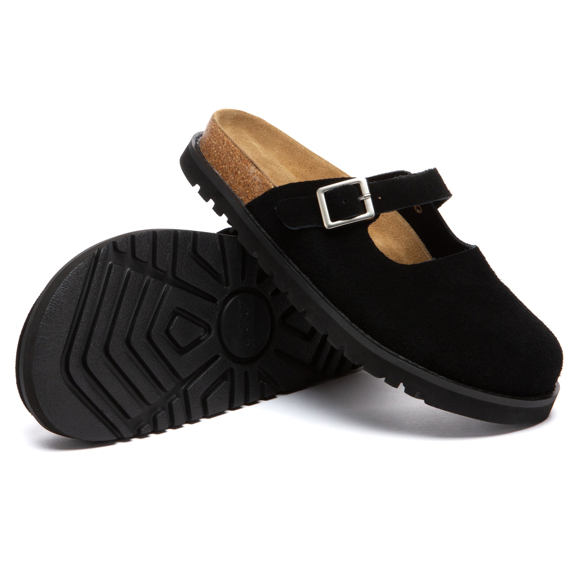 EverUgg Birkie Buckle Strap Slides slippers with leather straps and buckle detail, shown on a neutral background.