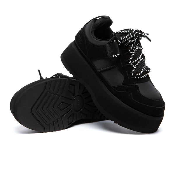 EverUgg Lowemel Platform UGG sneaker showcasing beige suede material, chunky sole, and stylish design.