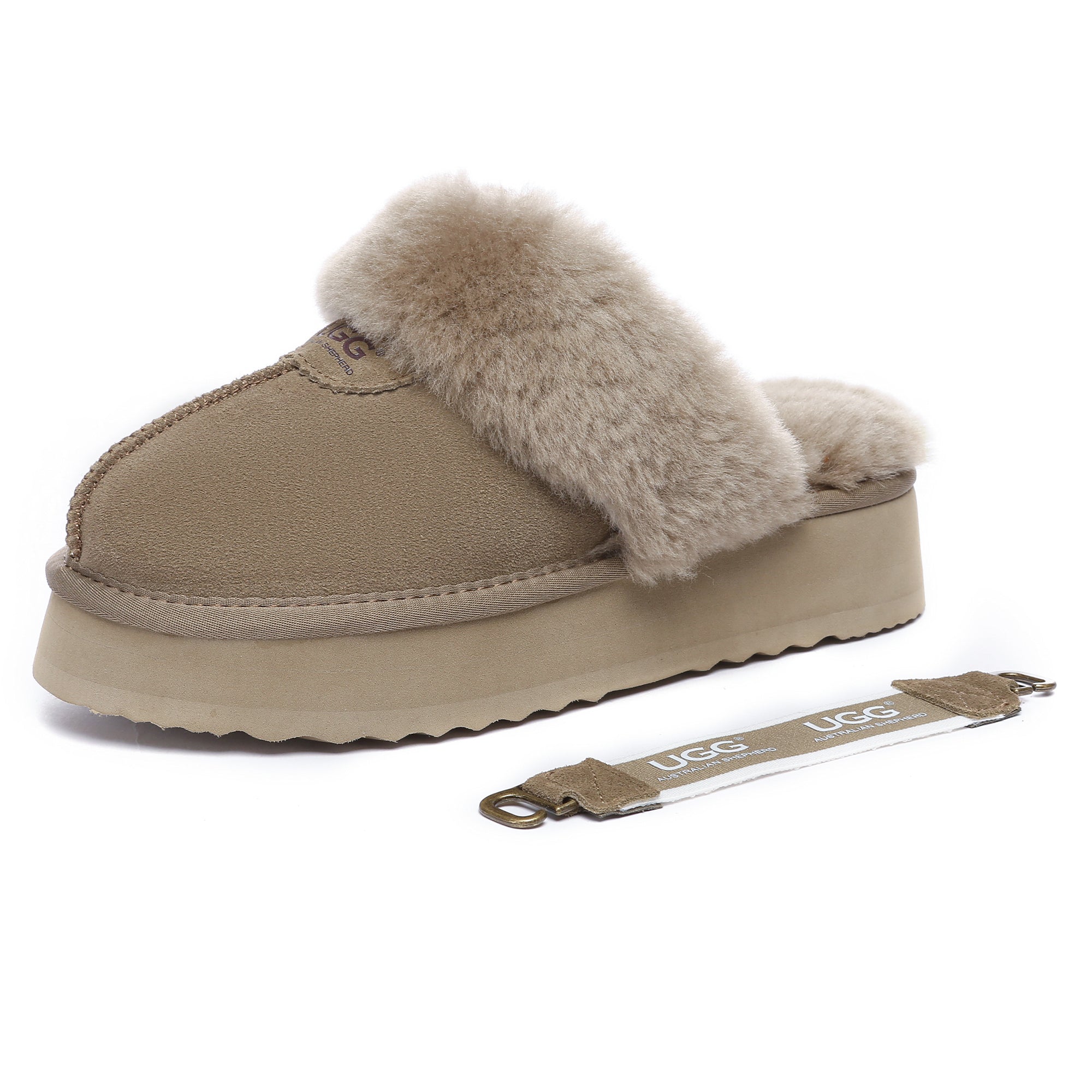 EverUgg Beta Platform UGG slippers with plush lining and thick platform sole, shown on a neutral background.