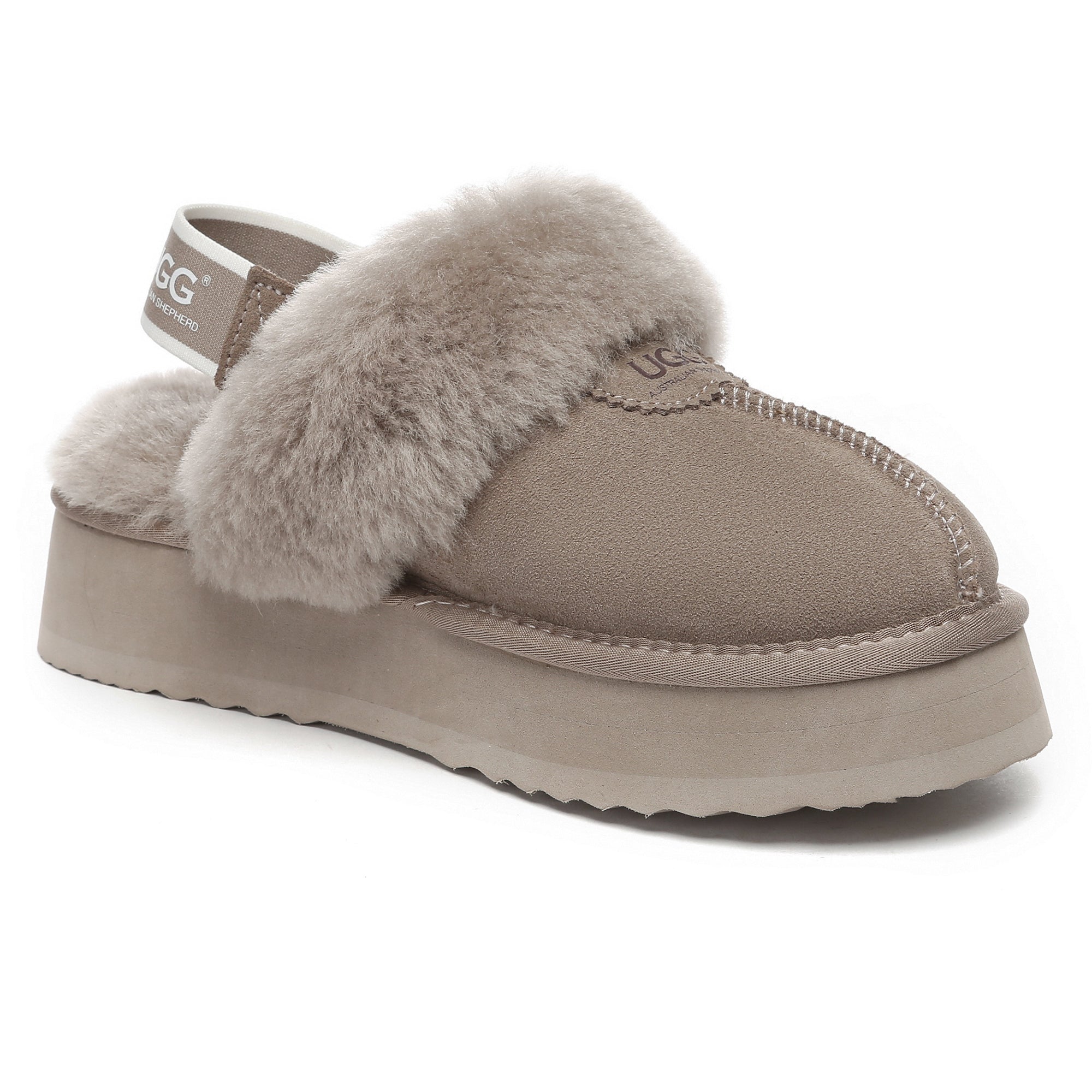 EverUgg Beta Platform UGG slippers with thick sole and plush interior, shown in a cozy, neutral color.