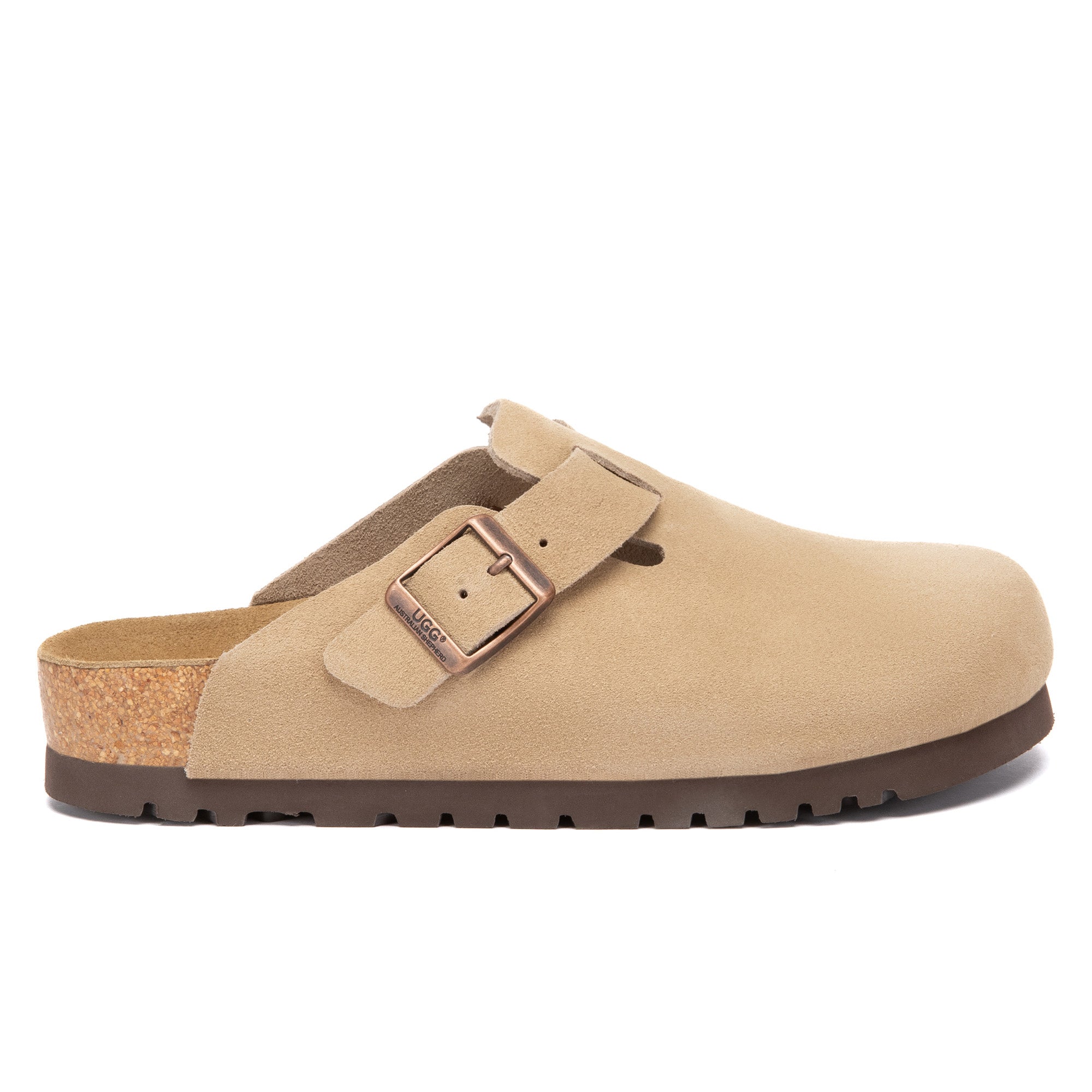 EverUgg Birkie Suede Buckle Clogs slippers with soft suede material and stylish buckle detail on a neutral background.