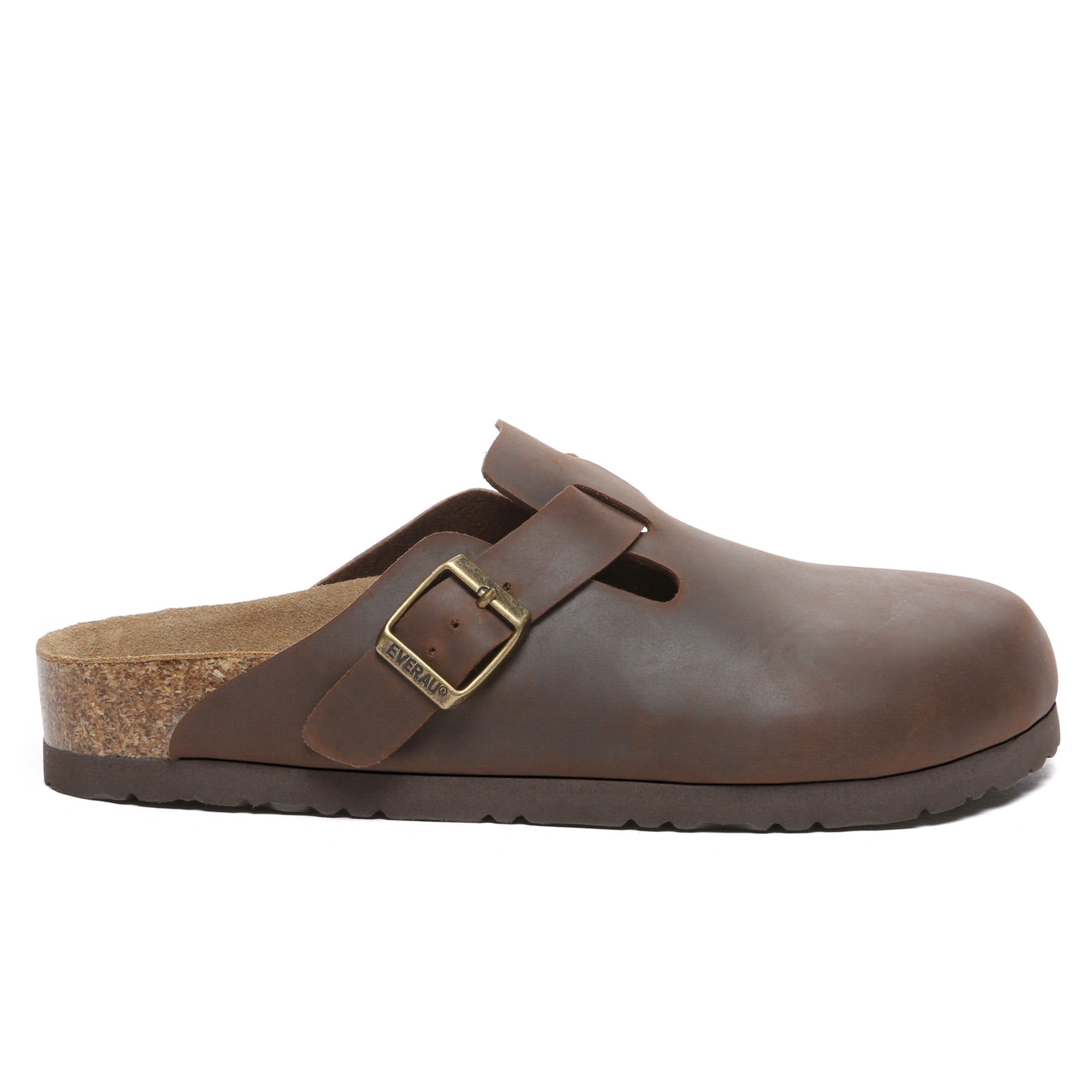 EverUgg Birkie Men Leather Slippers on a wooden floor, showcasing comfortable slip-on footwear with soft leather material.