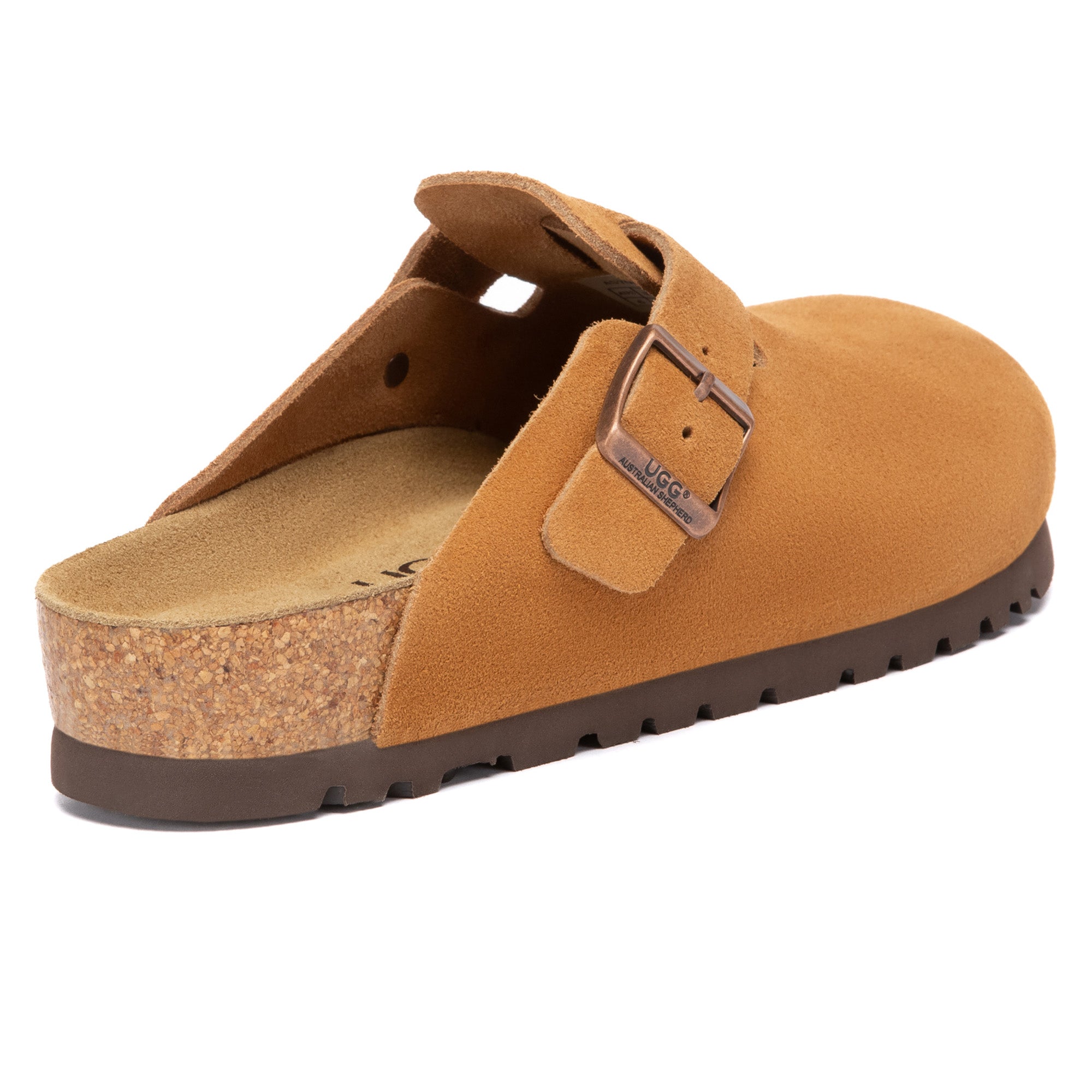 EverUgg Birkie Suede Buckle Clogs slippers with tan suede exterior and buckle detail, shown on a white background.