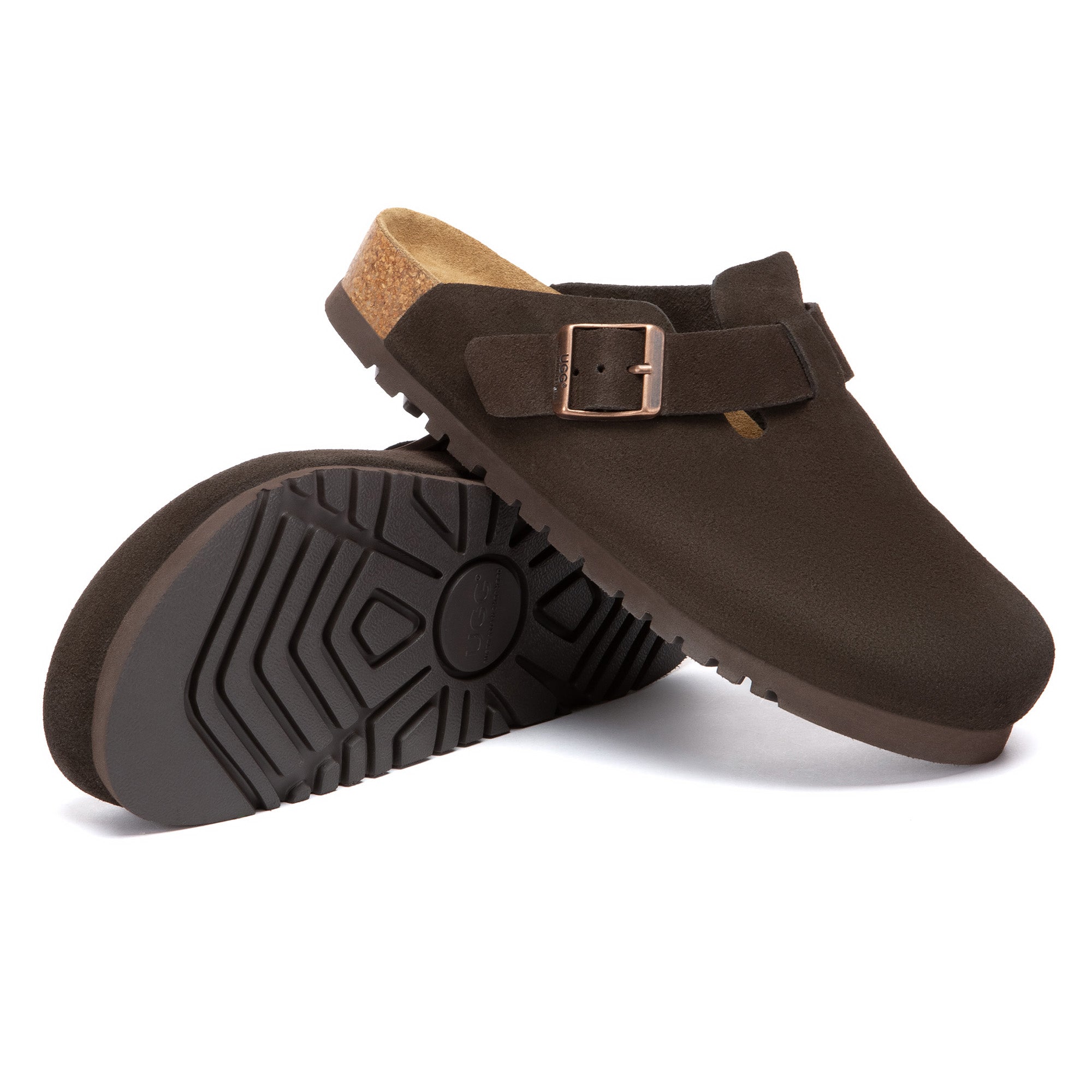 EverUgg Birkie Suede Buckle Clogs slippers with buckle detail and soft suede material, shown in a cozy indoor setting.