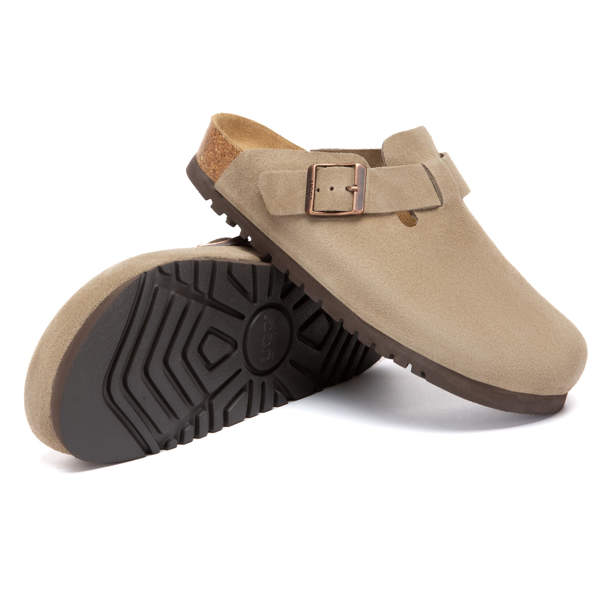 EverUgg Birkie Suede Buckle Clogs slippers with leather buckles and plush lining, shown in a cozy indoor setting.