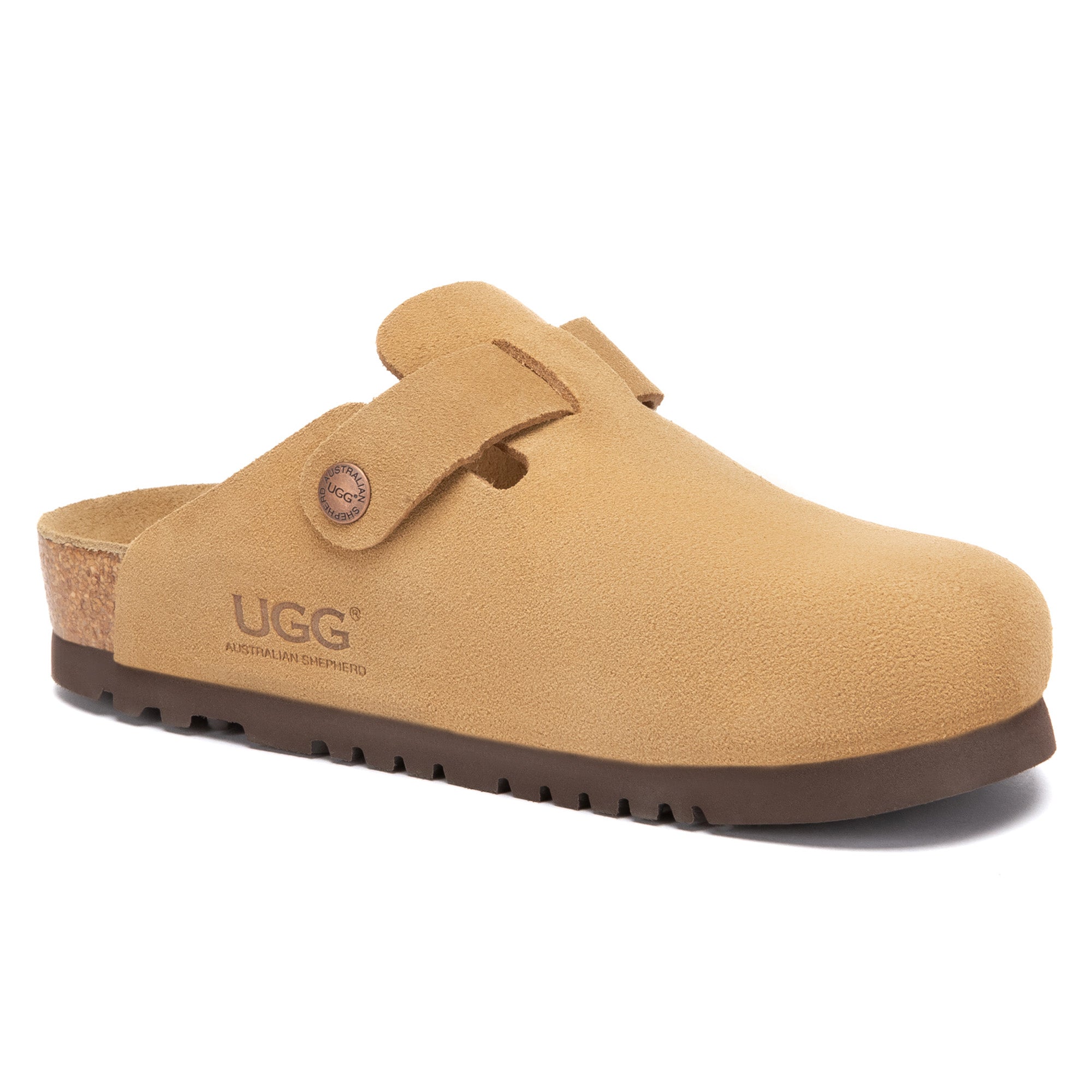 EverUgg Birkie Suede Buckle Clogs slippers with buckle detail and soft suede material, shown in a cozy indoor setting.