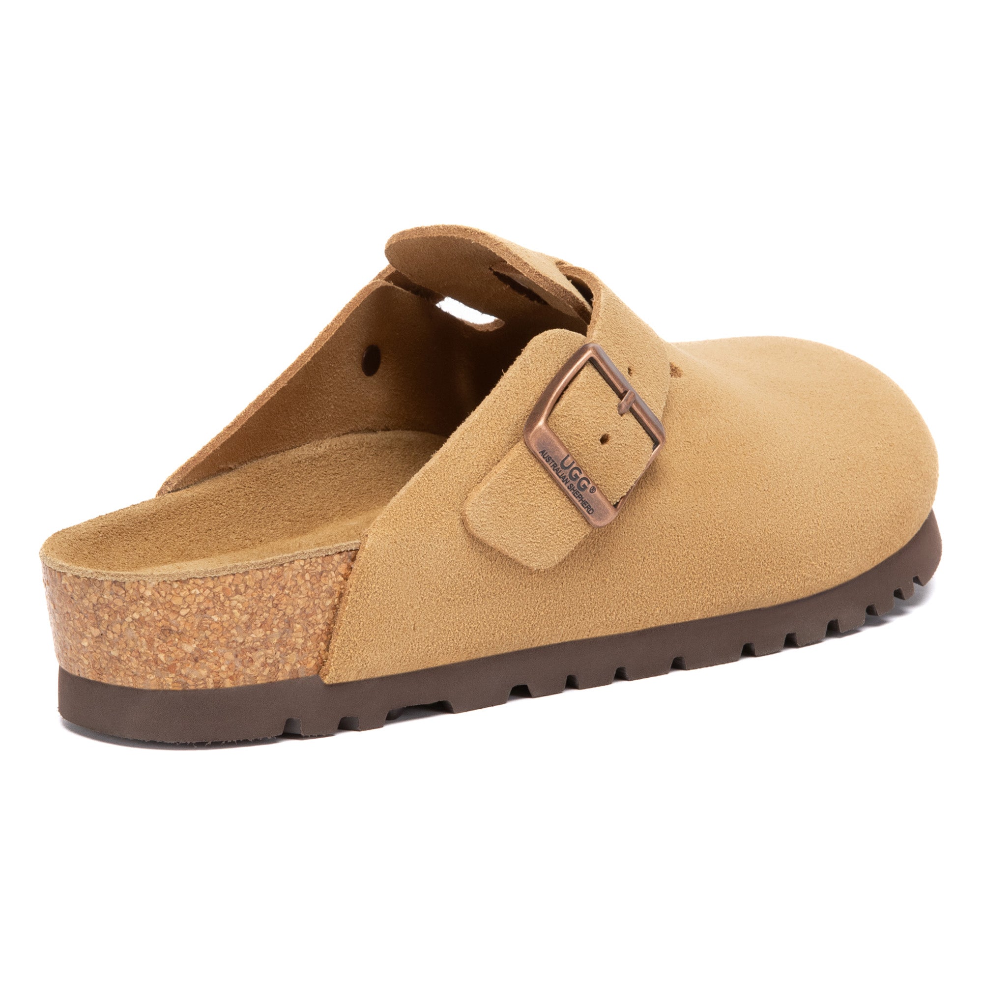 EverUgg Birkie Suede Buckle Clogs slippers with suede material and buckle detail, shown in a cozy indoor setting.