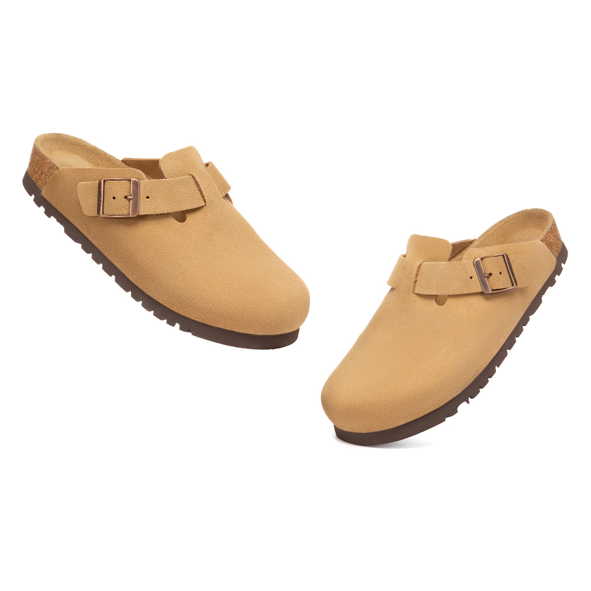 EverUgg Birkie Suede Buckle Clogs slippers with buckle detail and soft suede material, shown from the side view.