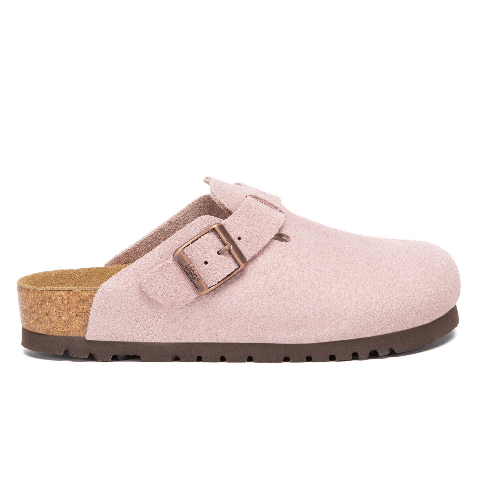 EverUgg Birkie Suede Buckle Clogs slippers with suede material and buckle detail, shown on a neutral background.