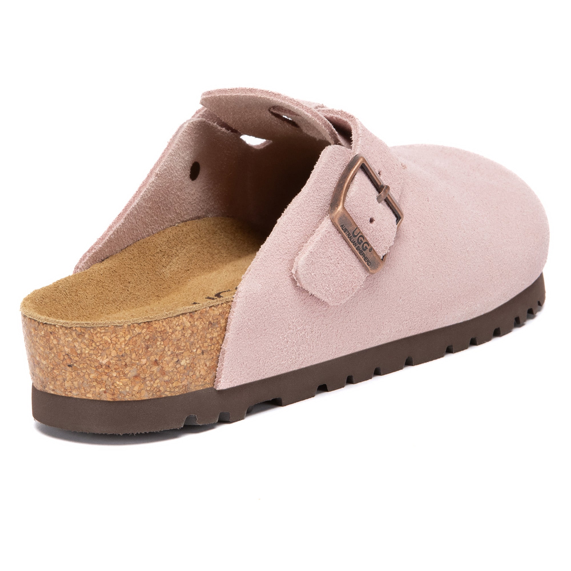 EverUgg Birkie Suede Buckle Clogs slippers with buckle detail and soft suede material, shown in natural color.