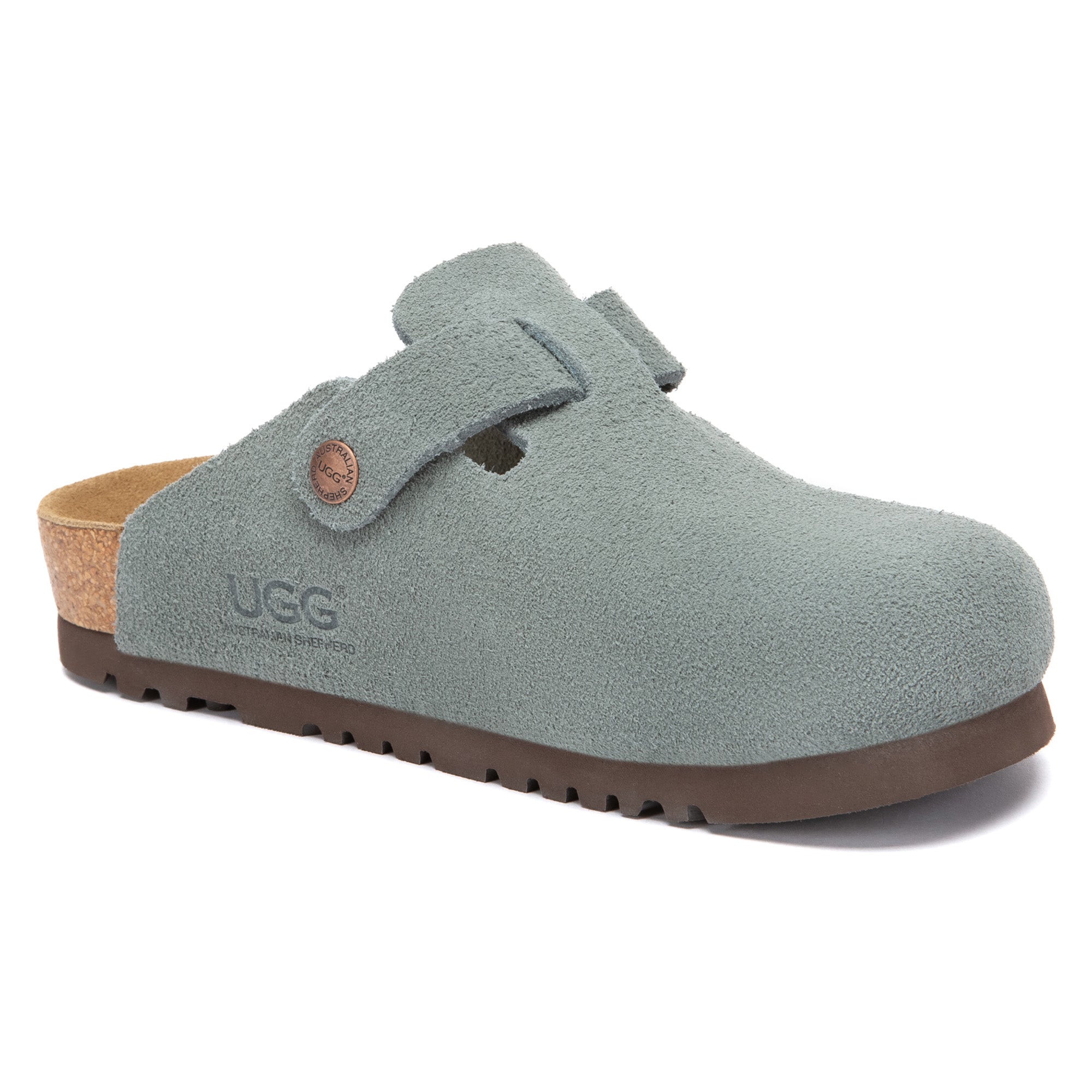 EverUgg Birkie Suede Buckle Clogs slippers with soft suede material and stylish buckle detail, shown in a close-up image.