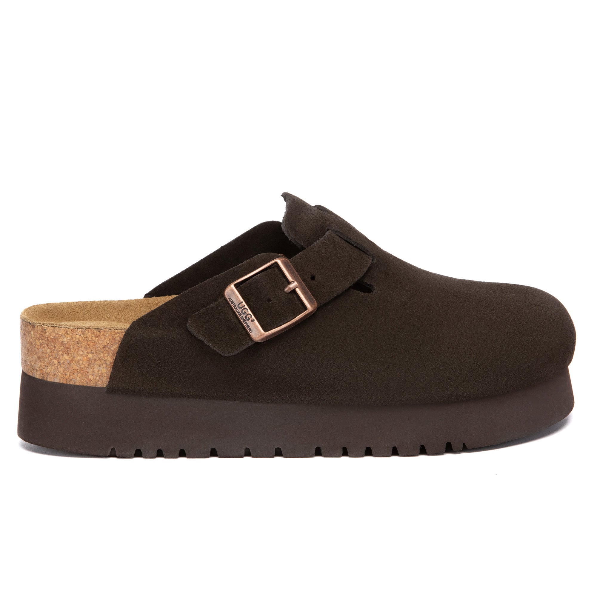 EverUgg Birkie Suede Buckle Platform Clogs, cozy slippers with suede material and stylish buckle detail on a neutral background.