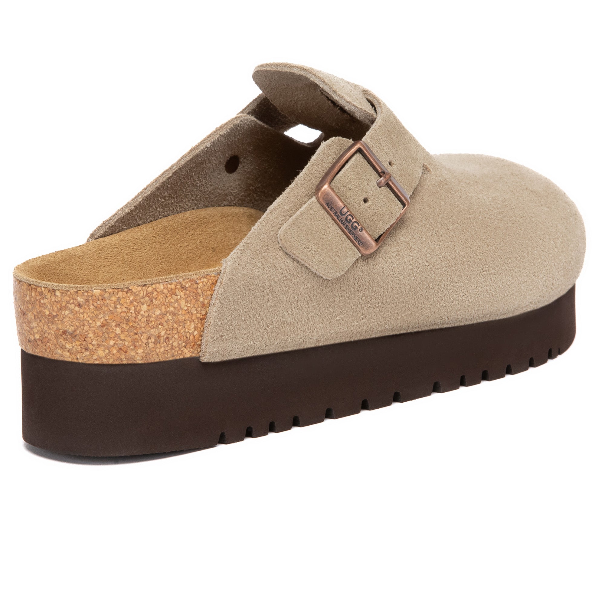 EverUgg Birkie Suede Buckle Platform Clogs slippers with buckle detail and chunky platform sole on a neutral background.