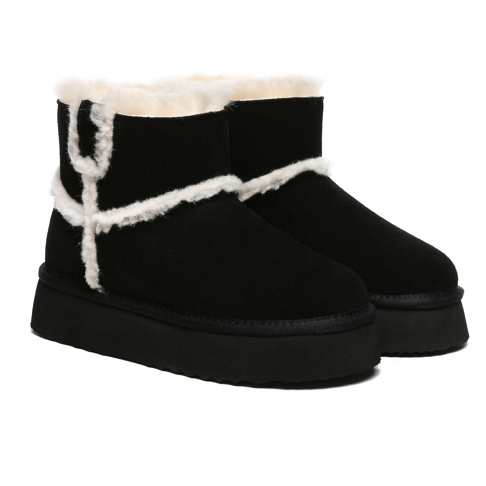 Black Bronte Women’s Platform UGG Boots by EverUgg, showcasing the cozy, stylish design with thick soles and soft sheepskin lining.