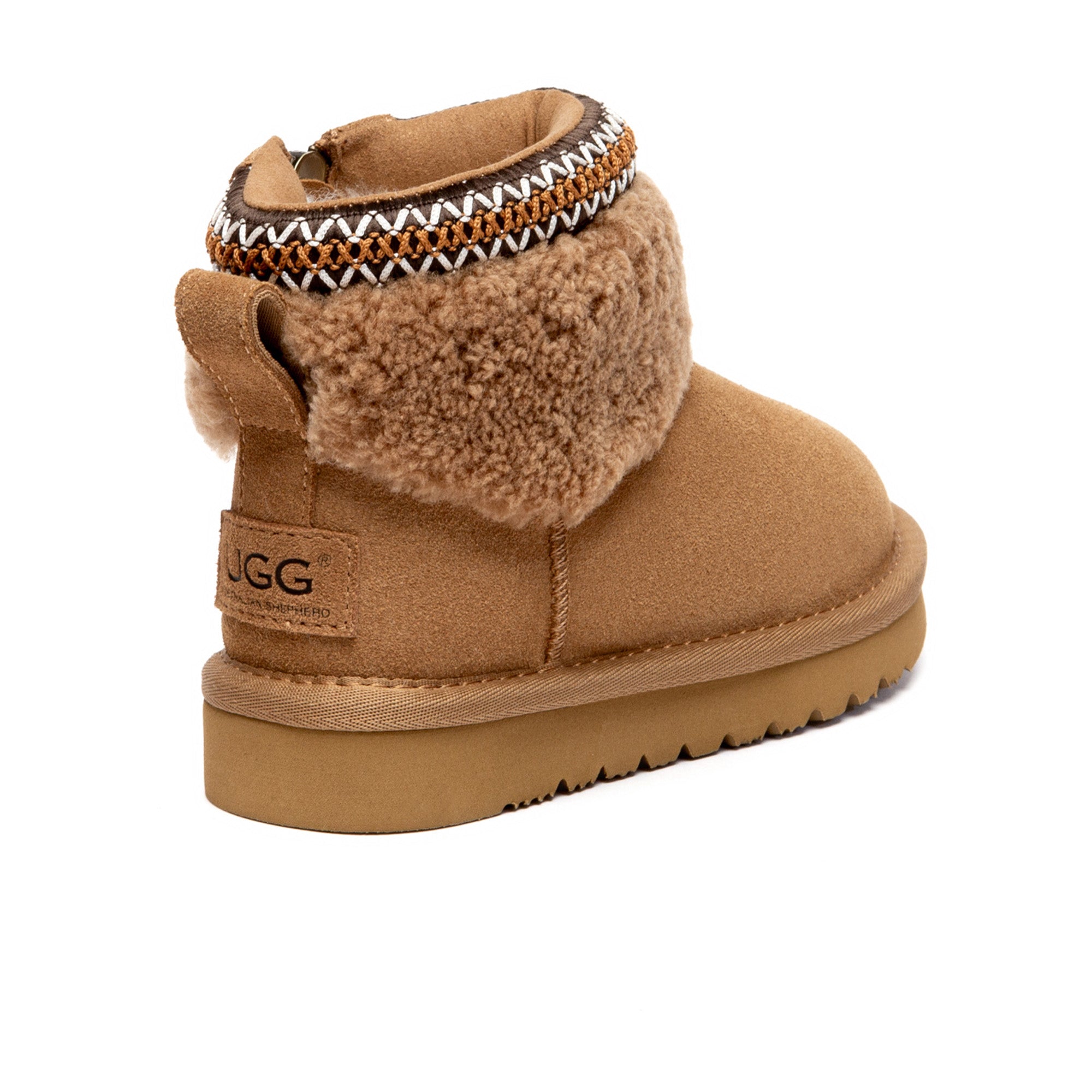 Kids Brunel Furry Collar UGG Boots by EverUgg featuring brown suede material and cozy furry collar detail.