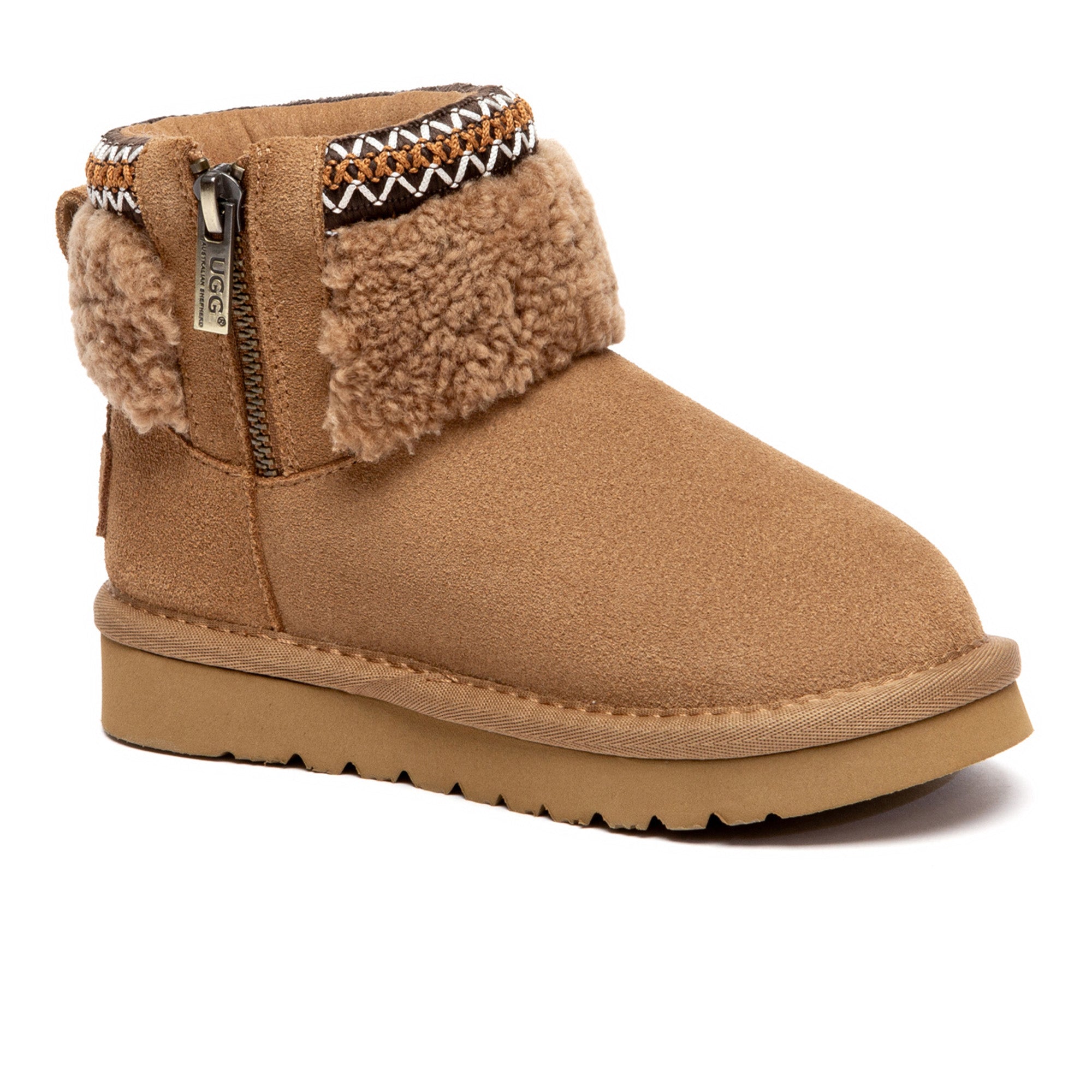EverUgg Brunel furry collar kids' UGG boots with plush lining and suede exterior, featuring a cozy furry collar and classic design.