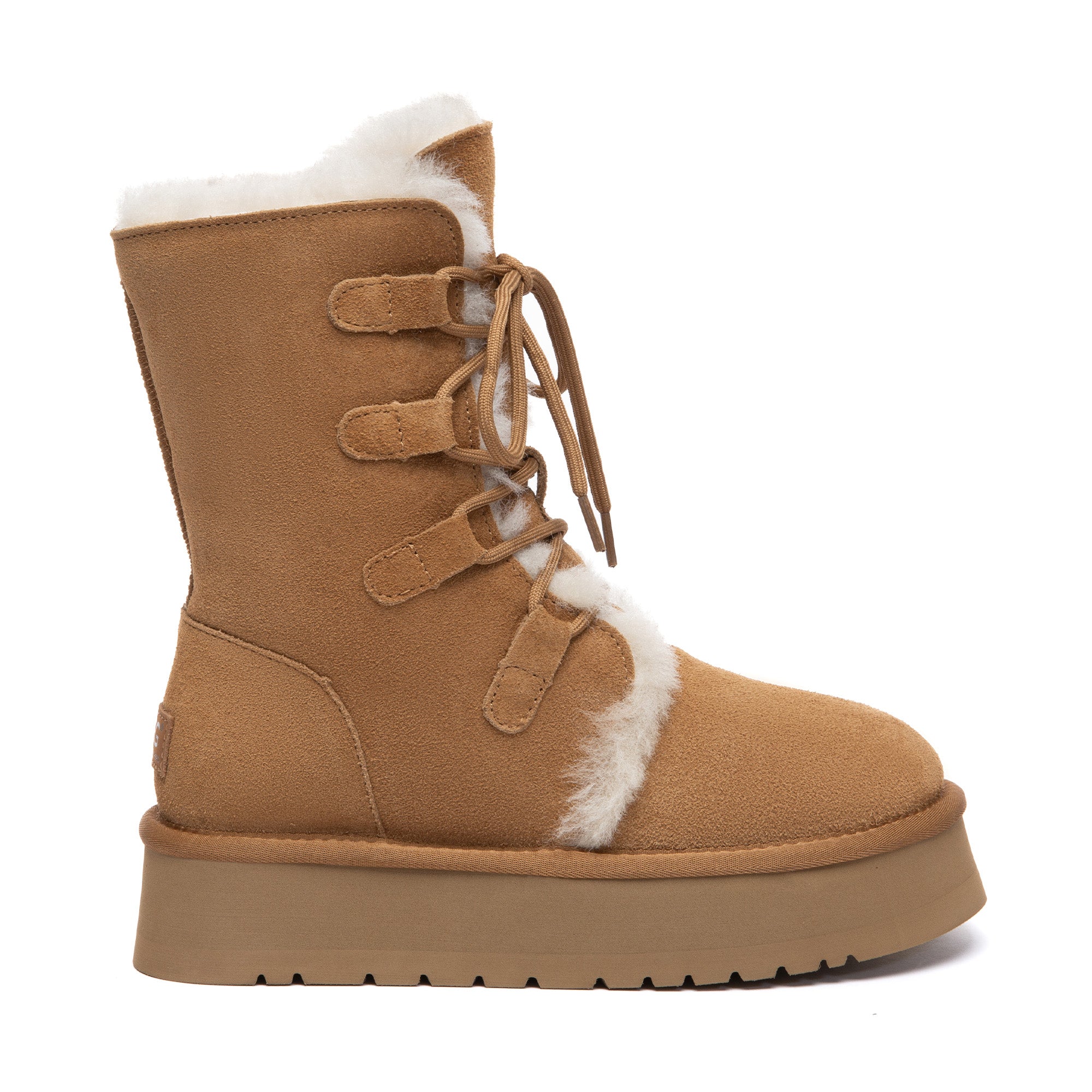 EverUgg Bruno lace-up tall platform boots with thick soles and UGG branding, shown from the front angle.