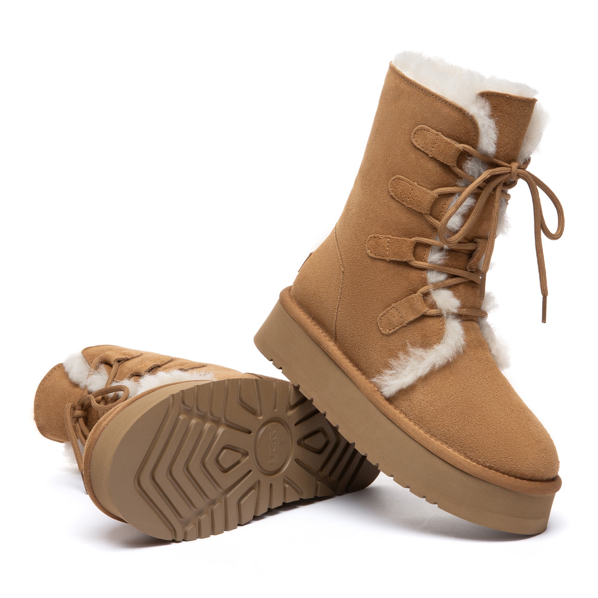 EverUgg Bruno lace-up tall platform boots with chunky soles and UGG branding, featuring leather upper and lace-up front.