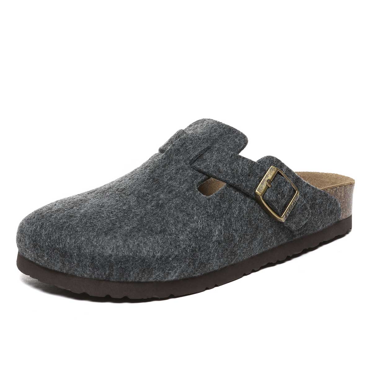 Black Brynna Birkie Buckled Strap Slippers for women by EverUgg, showing the stylish buckle detail and cozy slip-on design.