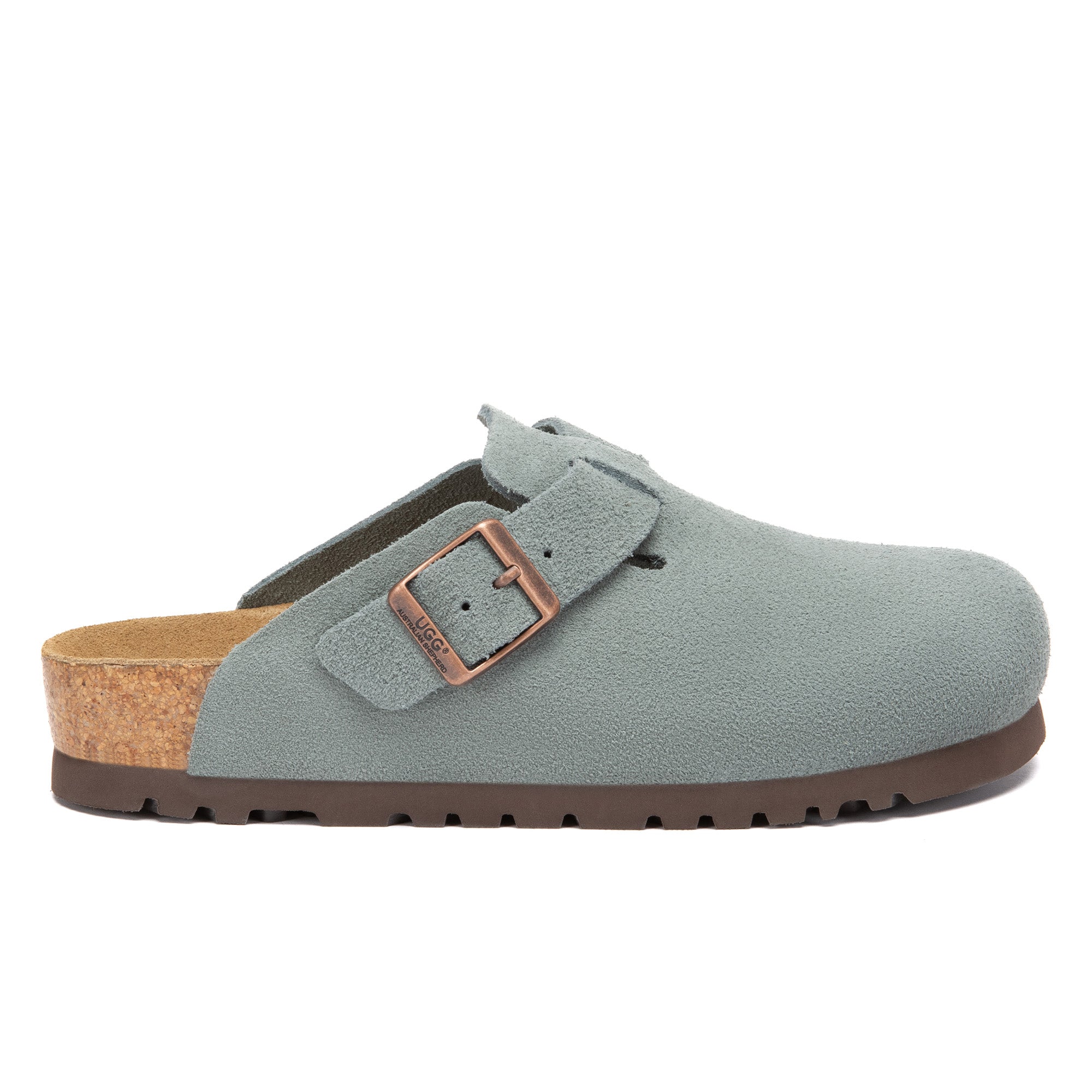 EverUgg Birkie Suede Buckle Clogs slippers with a suede finish and buckle detail, shown in a close-up image.