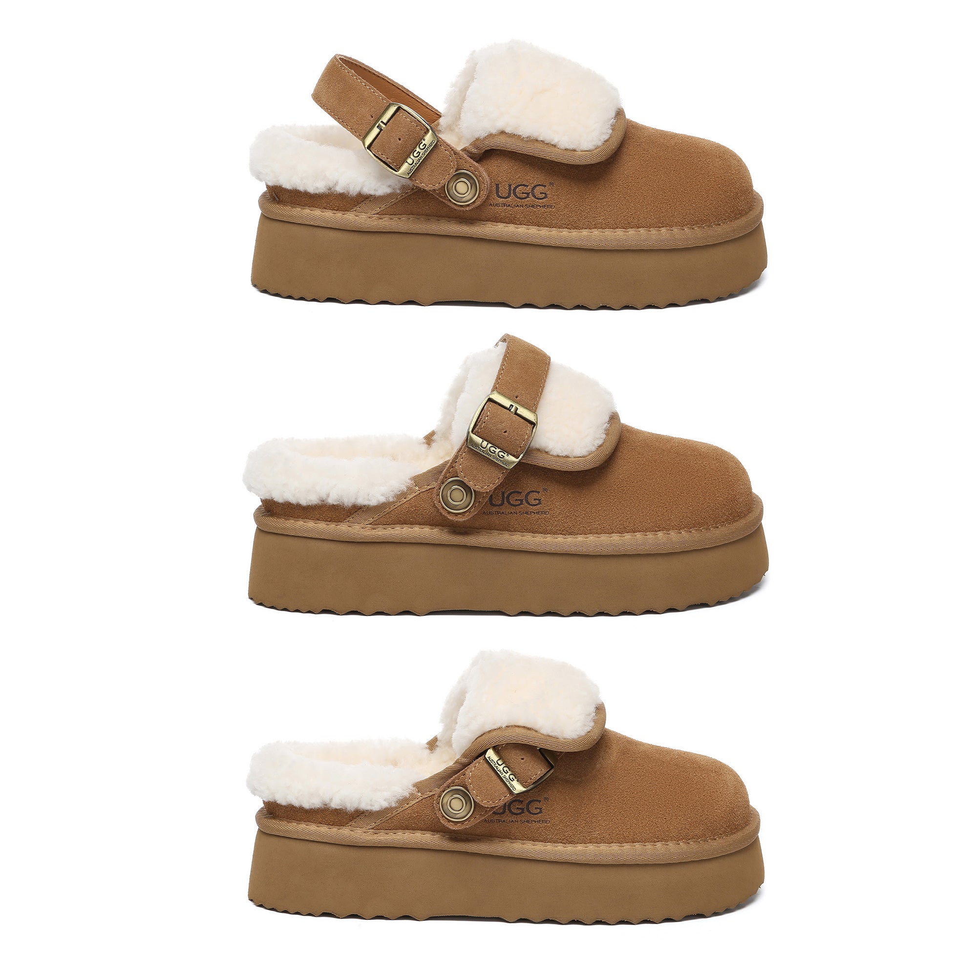 EverUgg Buckle Strap UGG Tenley platform slippers for women, featuring buckle straps and a comfortable slip-on design.