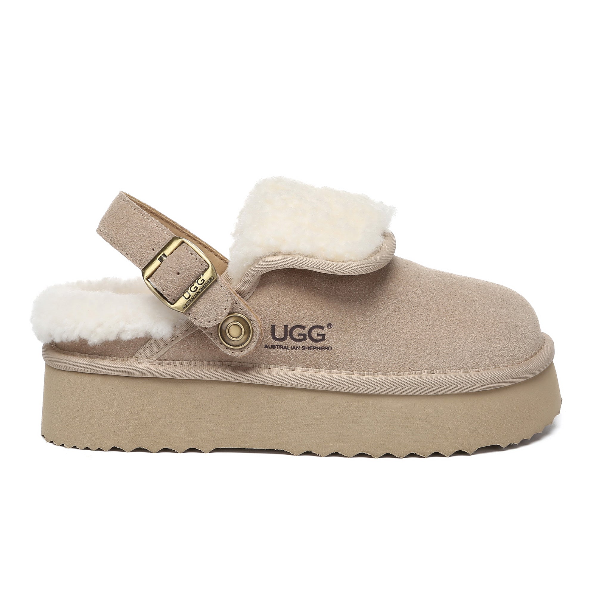 EverUgg Buckle Strap UGG platform slippers Tenley in sand color, showcasing stylish slip-on design with buckle detail and cushioned sole.