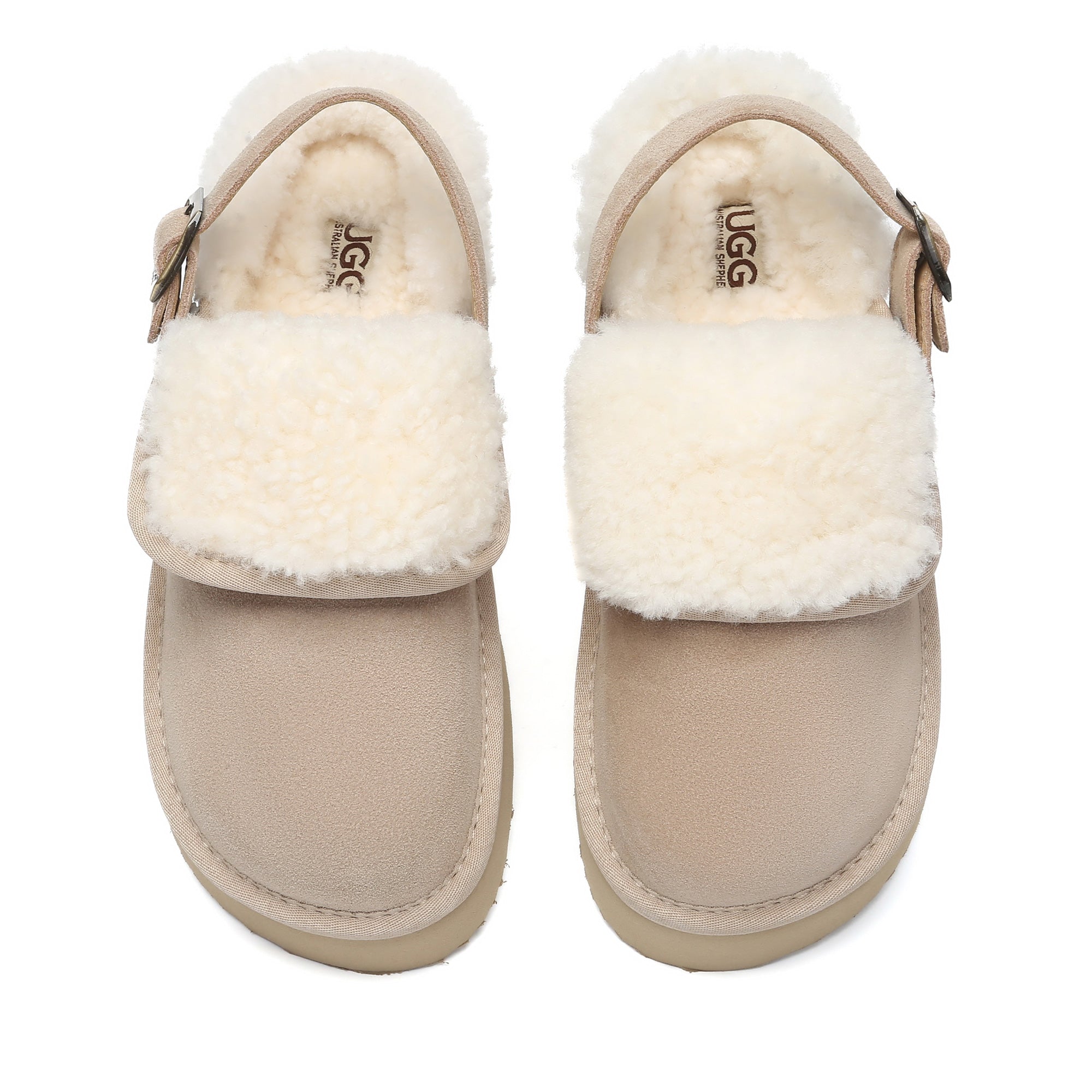 EverUgg Buckle Strap UGG Platform Slippers Tenley in sand with buckle detail and cushioned sole, women's slip-on footwear.