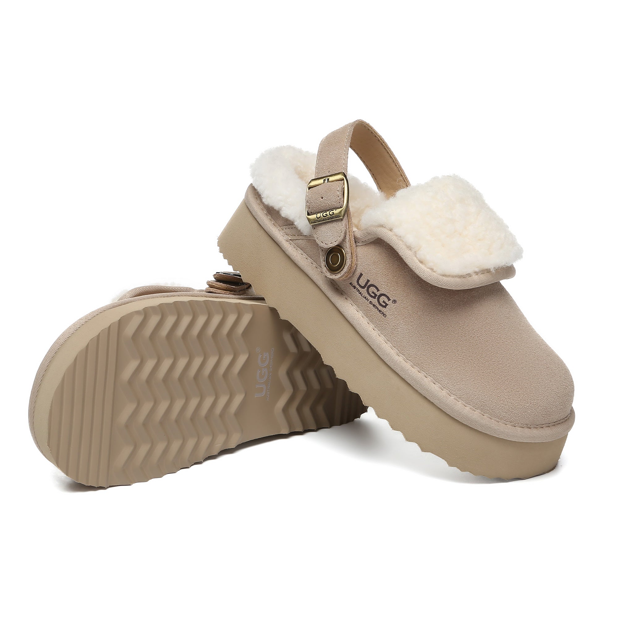 EverUgg Buckle Strap UGG Platform Slippers Tenley in sand color, featuring a buckle strap design and comfortable slip-on style.