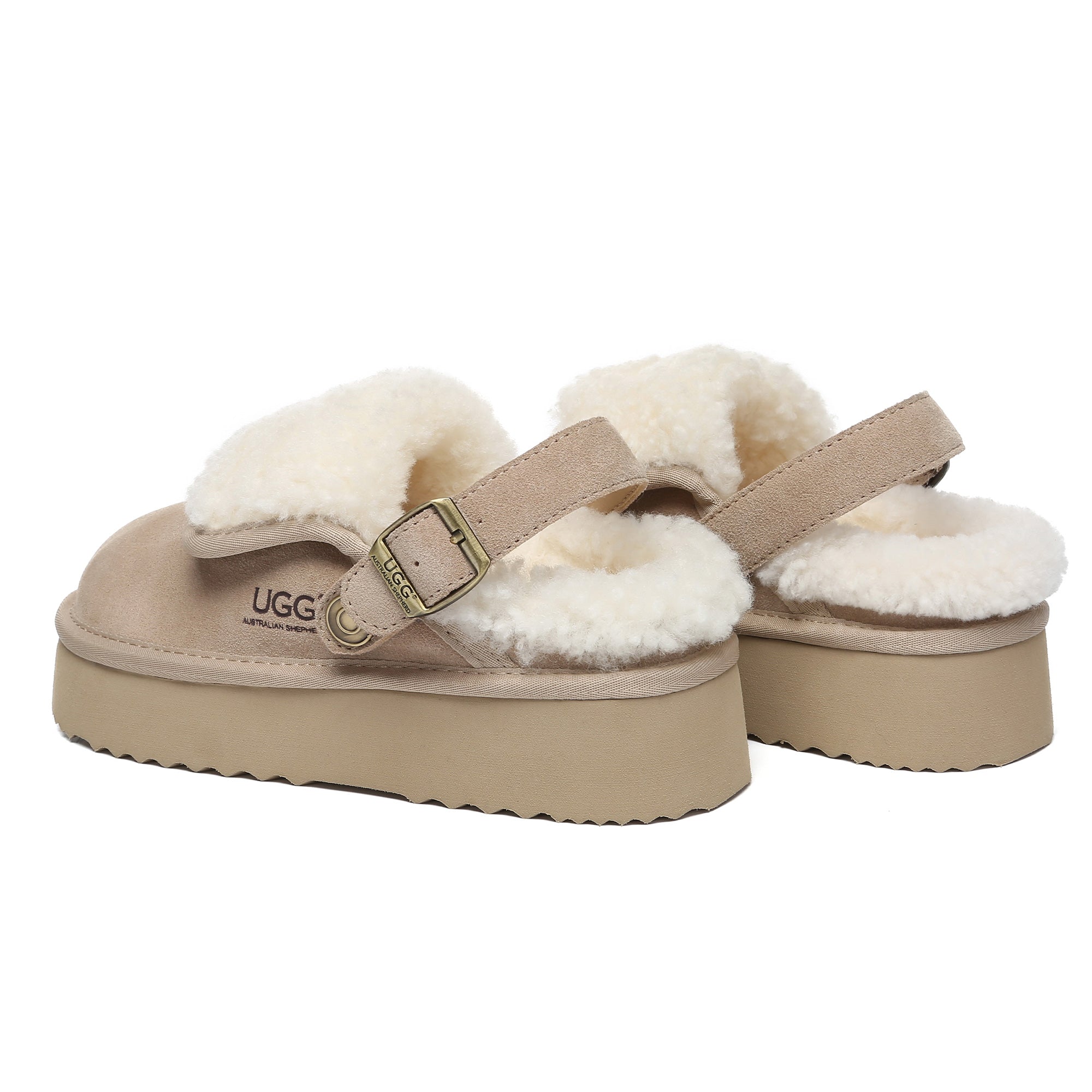 EverUgg Buckle Strap UGG platform slippers Tenley featuring beige straps and cushioned soles for comfortable women's indoor footwear.