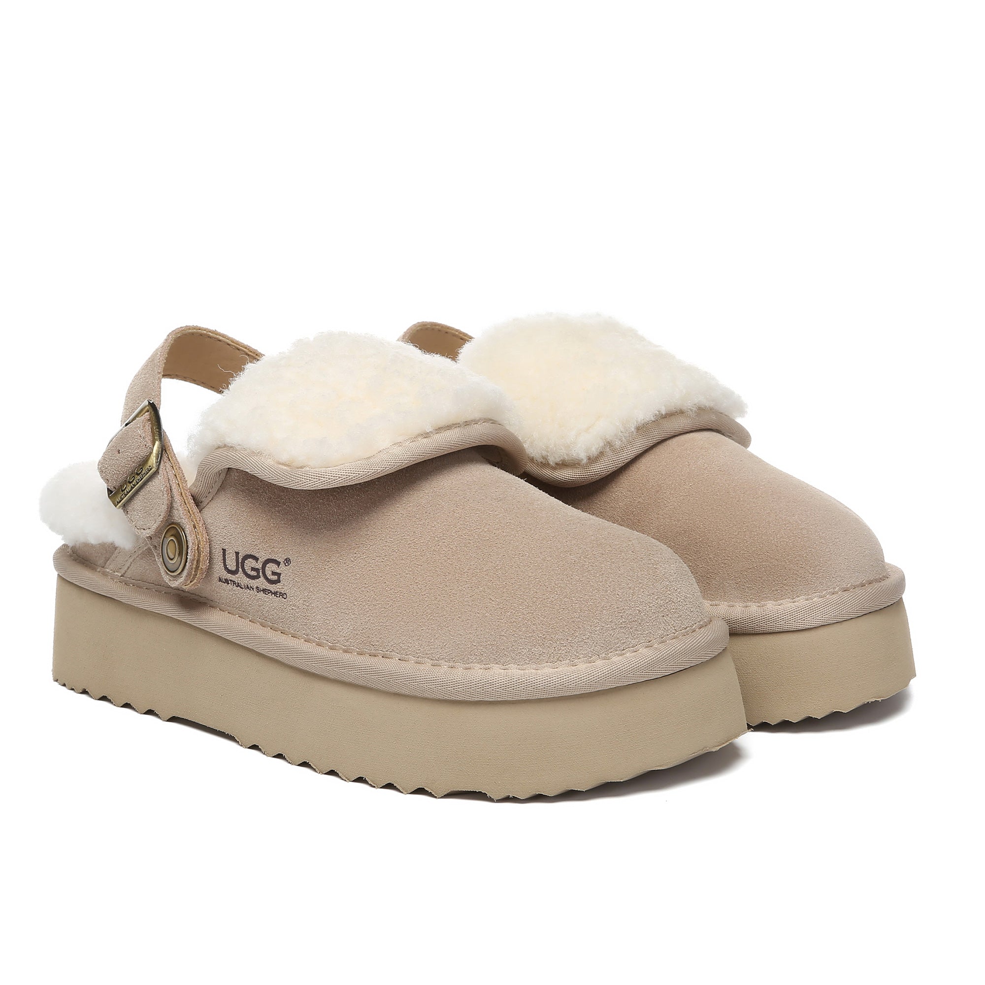EverUgg Buckle Strap UGG platform slippers Tenley, beige slip-on shoes with buckle detail and comfortable sole for women.